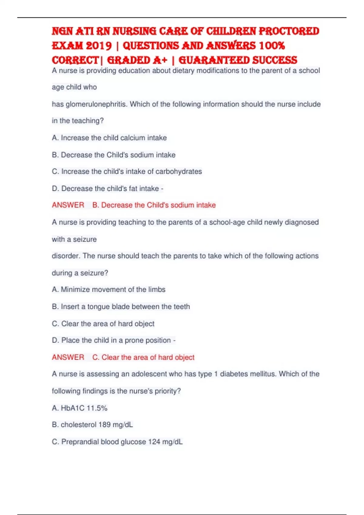NGN ATI RN NURSING CARE OF CHILDREN PROCTORED EXAM 2019 (RATED ...