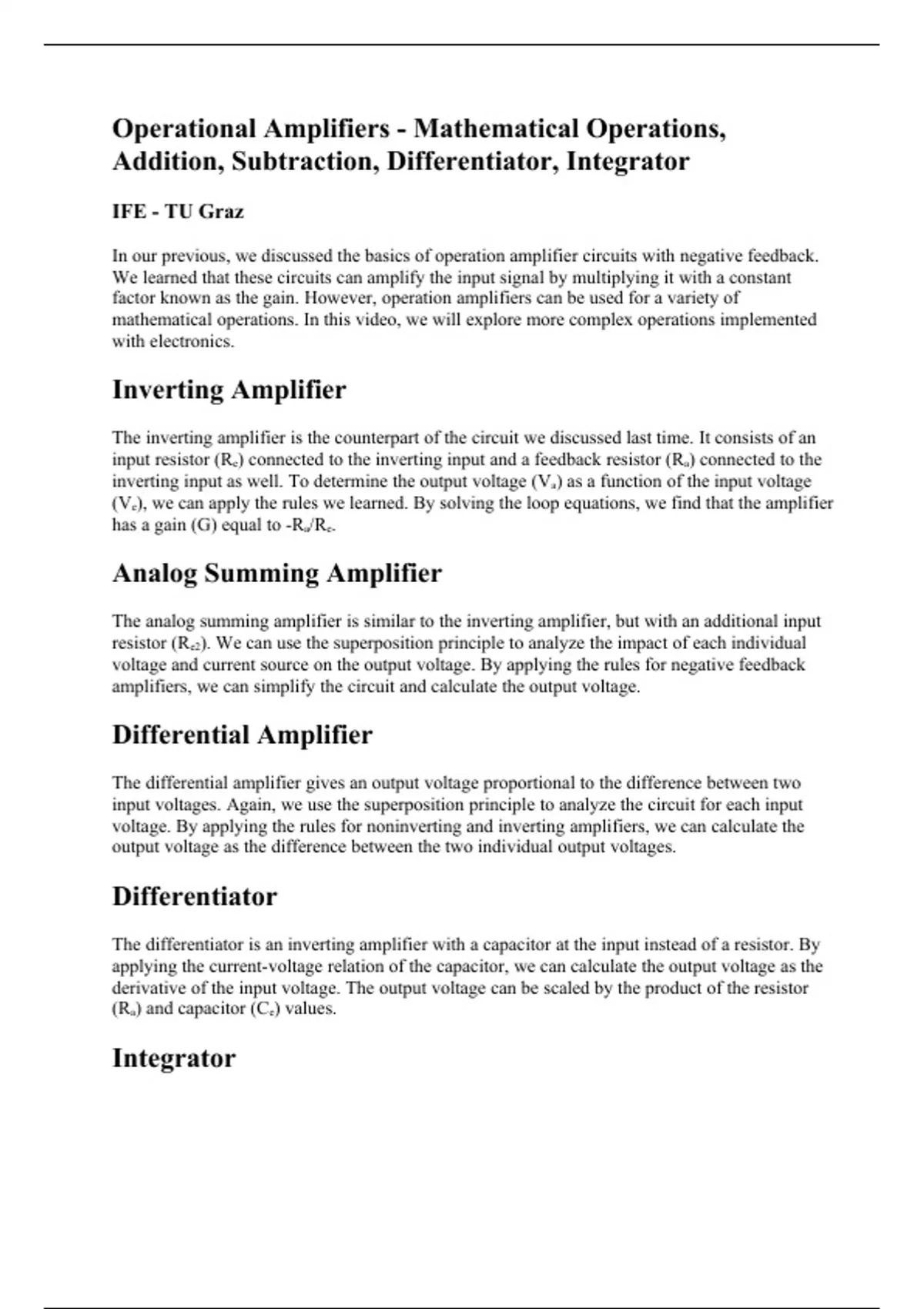 Operational Amplifiers Mathematical Operations, Addition, Subtraction