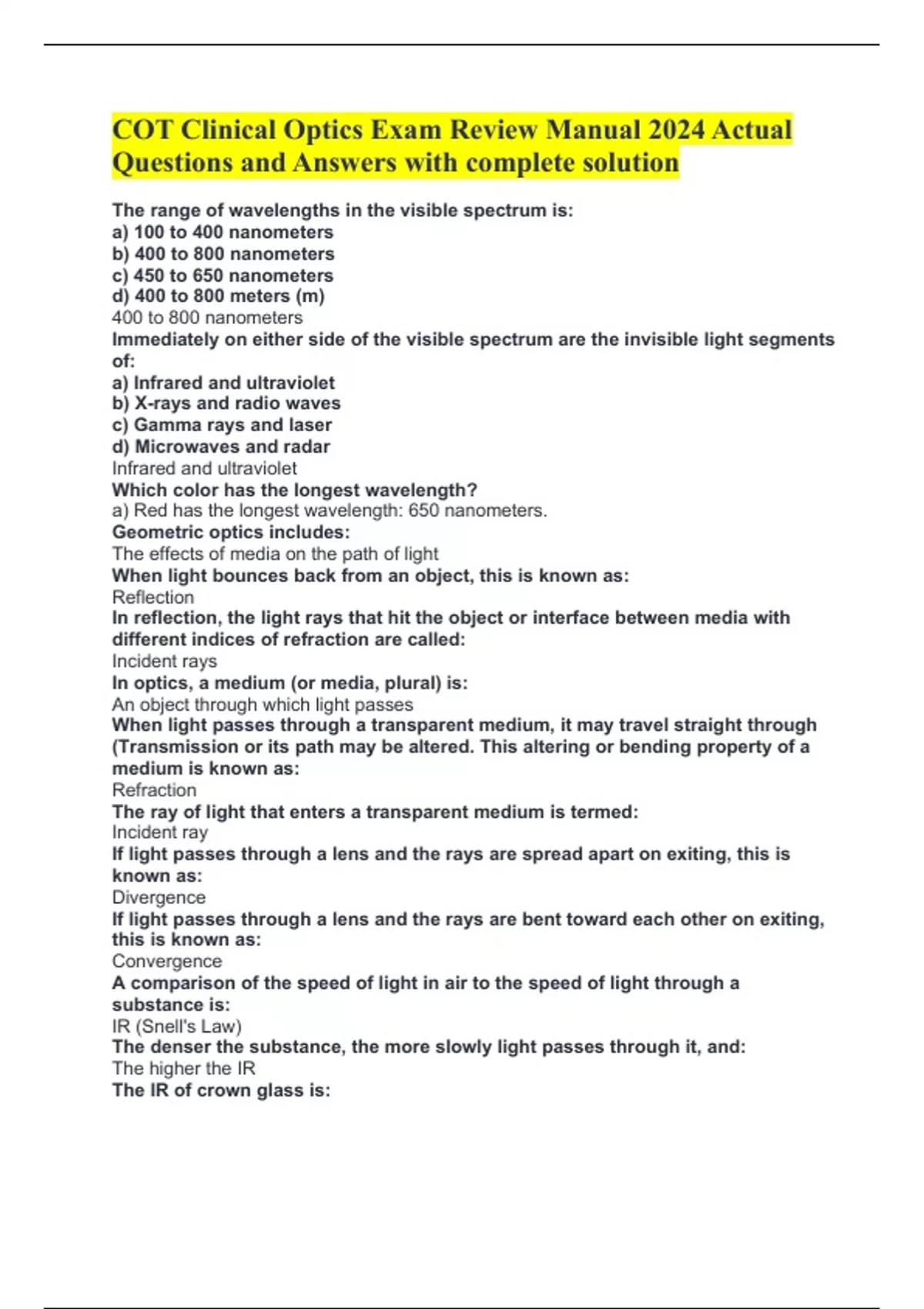 COT Clinical Optics Exam Review Manual 2024 Actual Questions and