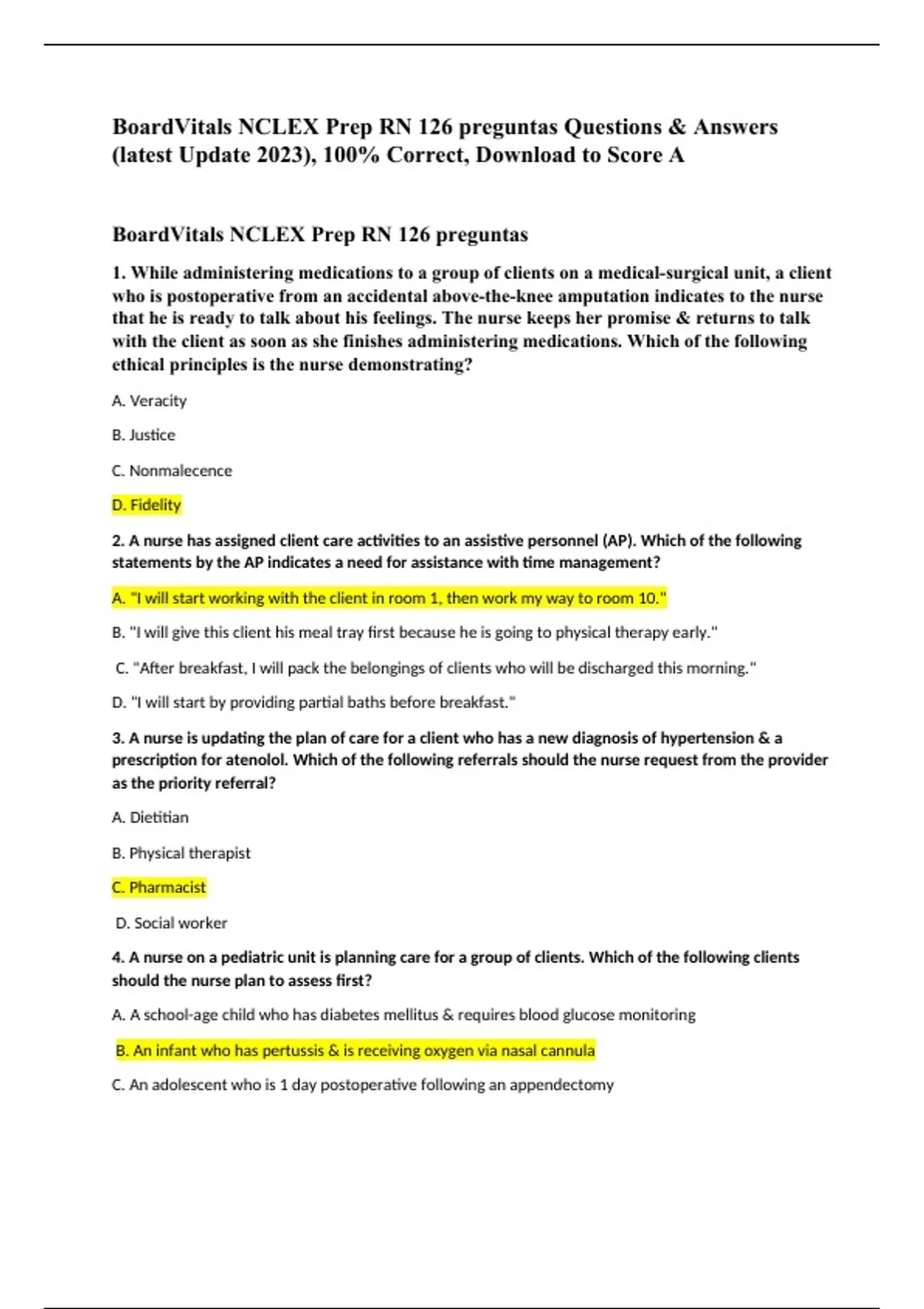 BoardVitals NCLEX Prep RN 126 preguntas Questions & Answers Latest ...