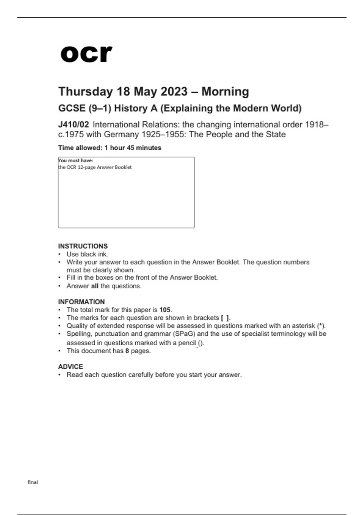 History Gcse Coursework Example ocr GCSE History A (Explaining the Modern World) J410-02 May2023 ...