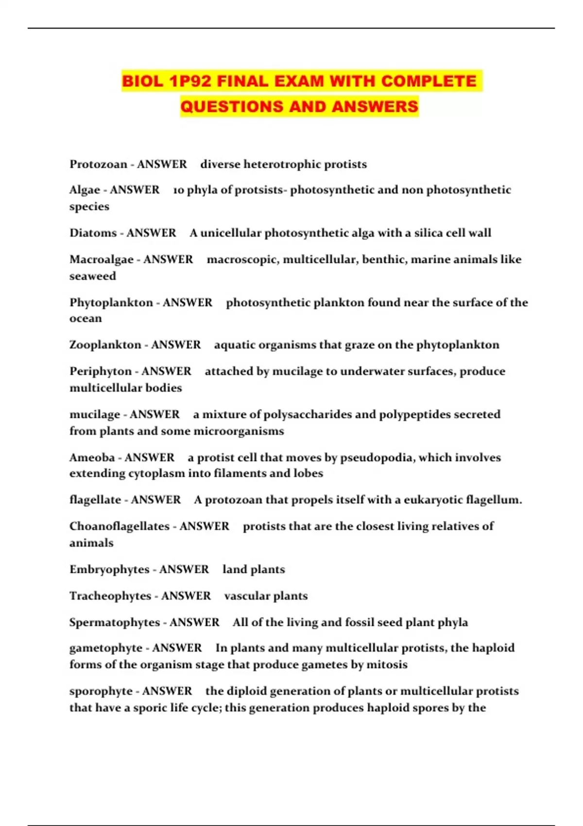 BIOL 1P92 FINAL EXAM WITH COMPLETE QUESTIONS AND ANSWERS - BIOL 1P92 ...