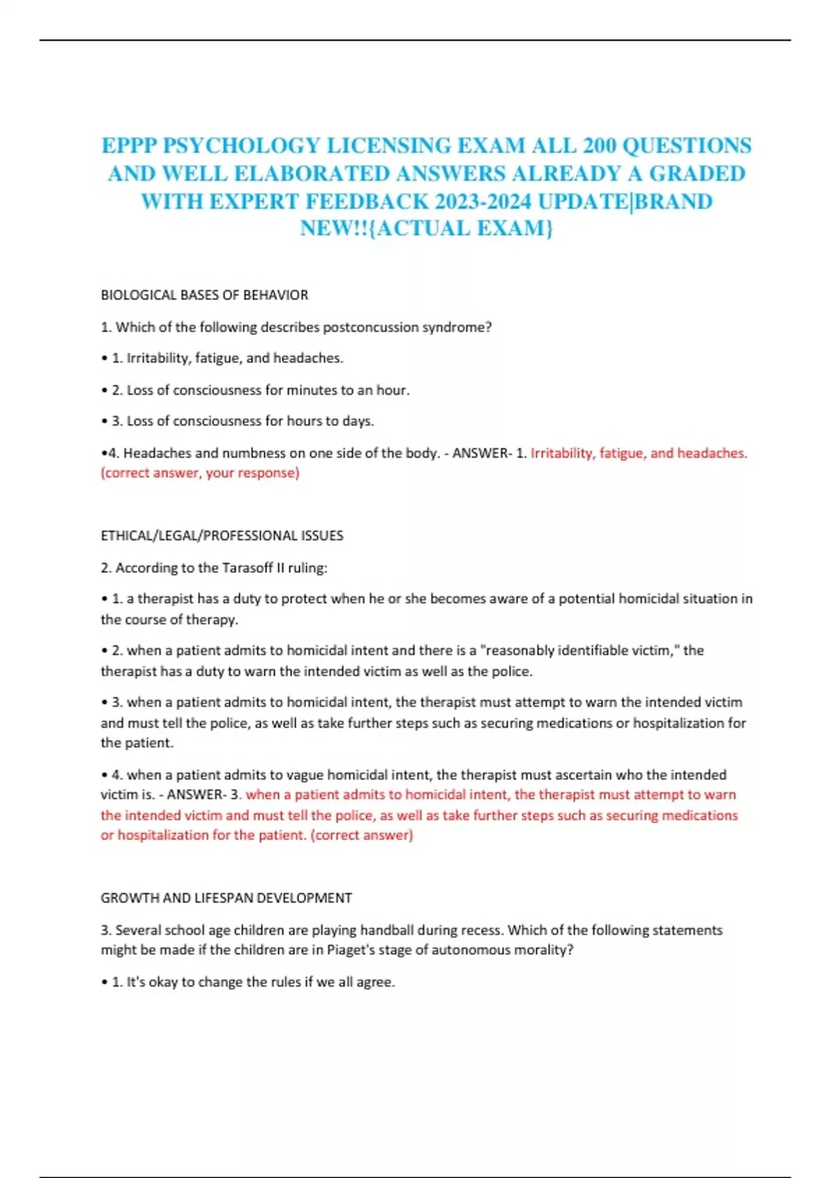 EPPP PSYCHOLOGY LICENSING EXAM ALL 200 QUESTIONS AND WELL ELABORATED