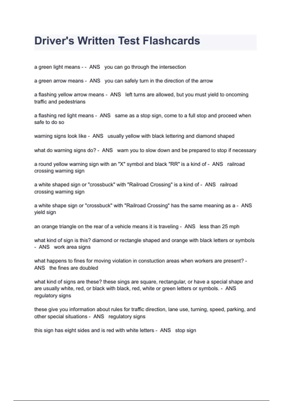 Driver's Written Test Flashcards / Questions ( Answered ) Dmv Stuvia US