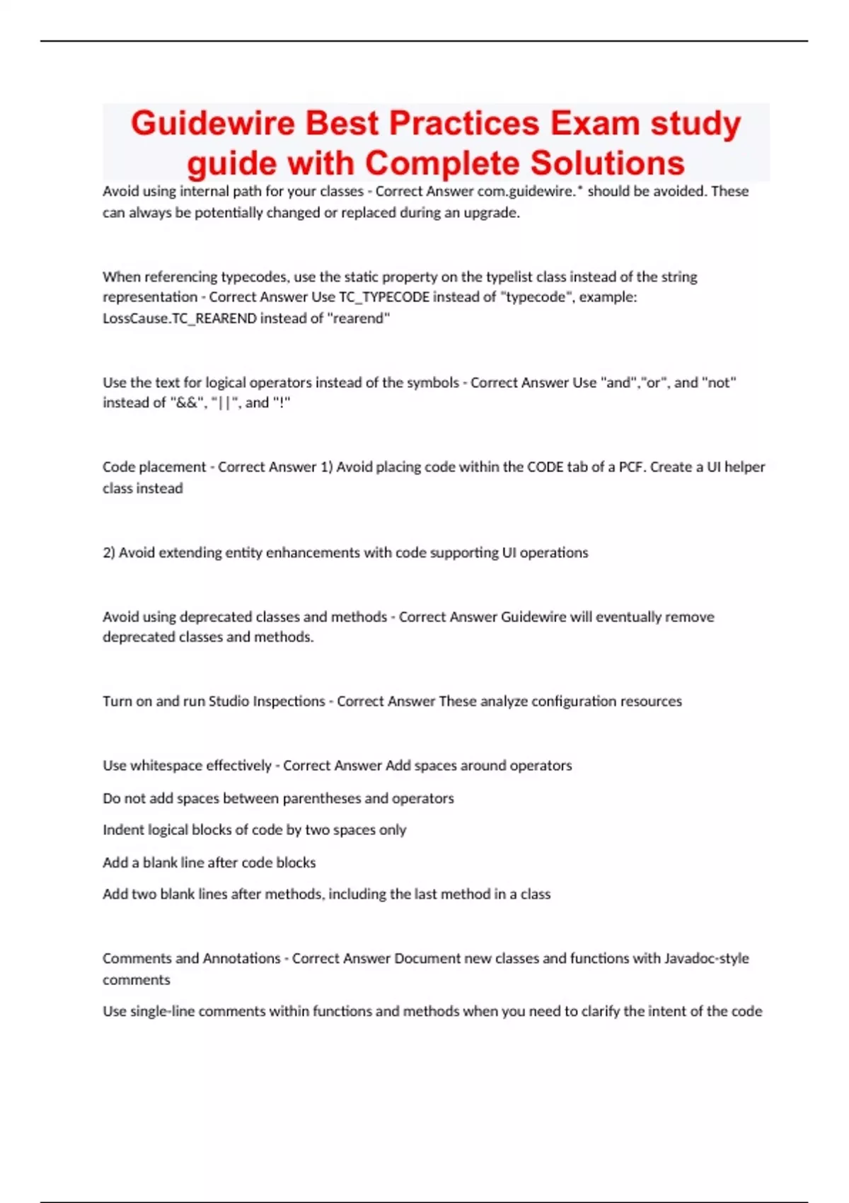 Guidewire Best Practices Exam study guide with Complete Solutions