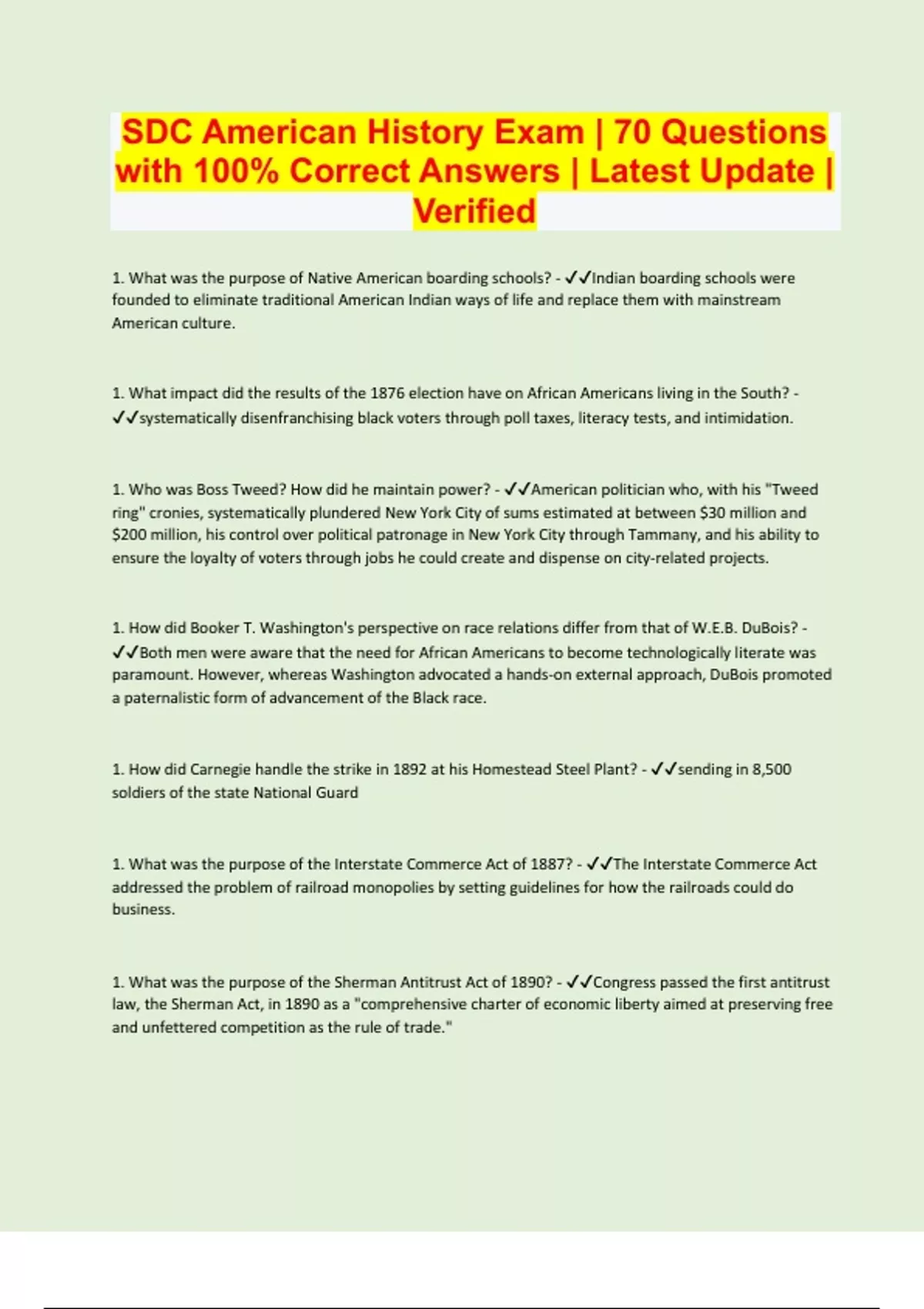 SDC American History Exam | 70 Questions with 100% Correct Answers ...