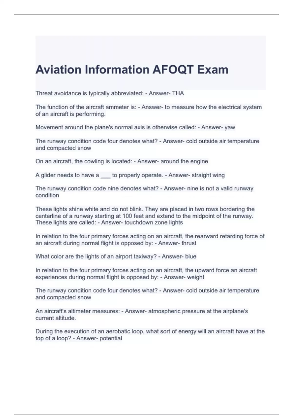 Aviation Information AFOQT Exam Questions with correct Answers AFOQT