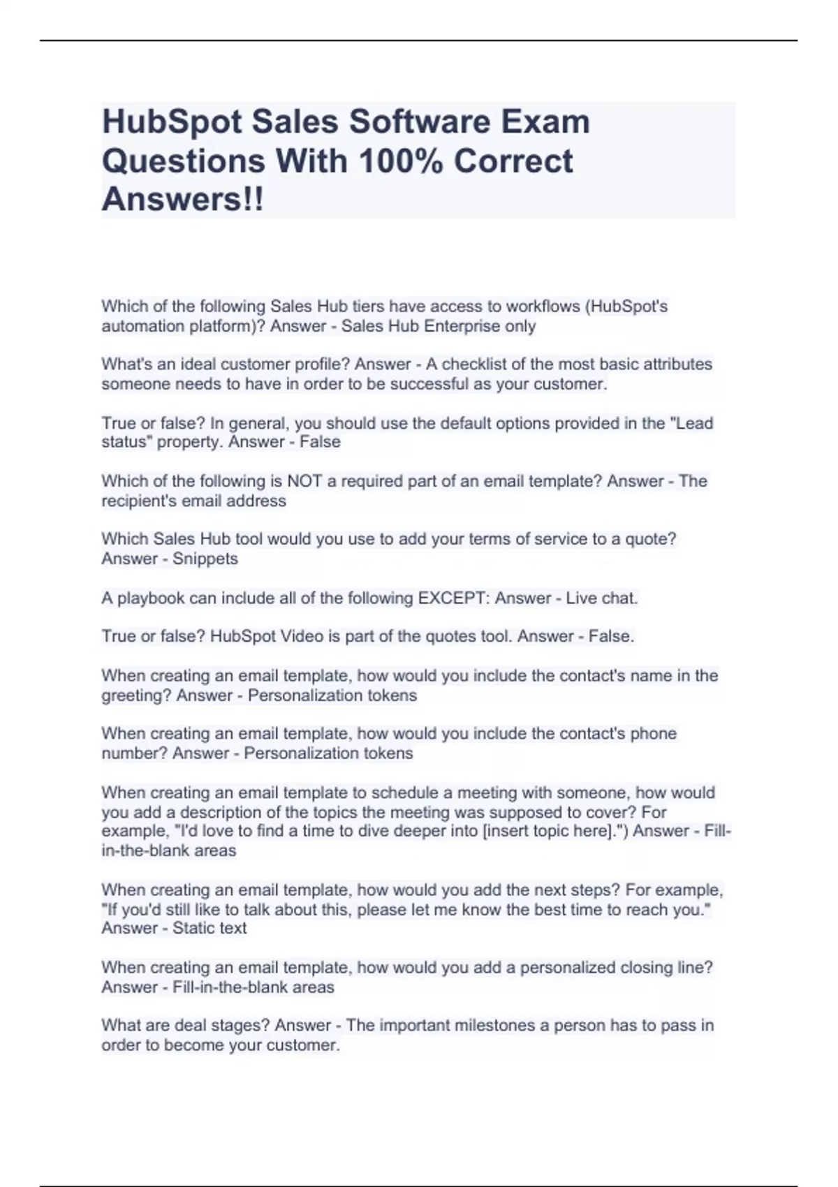 HubSpot Sales Software Exam Questions With 100 Correct Answers