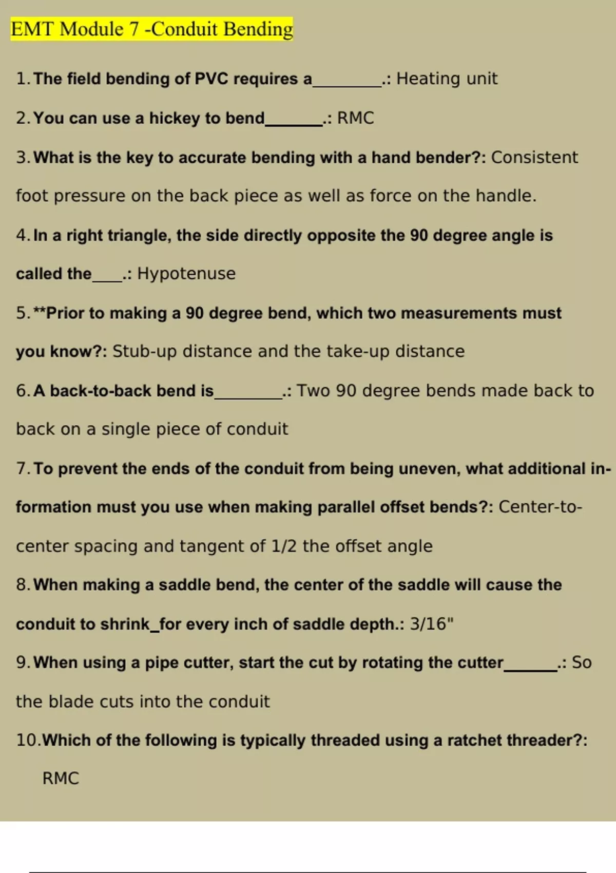 EMT Module 7 Conduit Bending Questions and Answers Latest (2023 / 2024