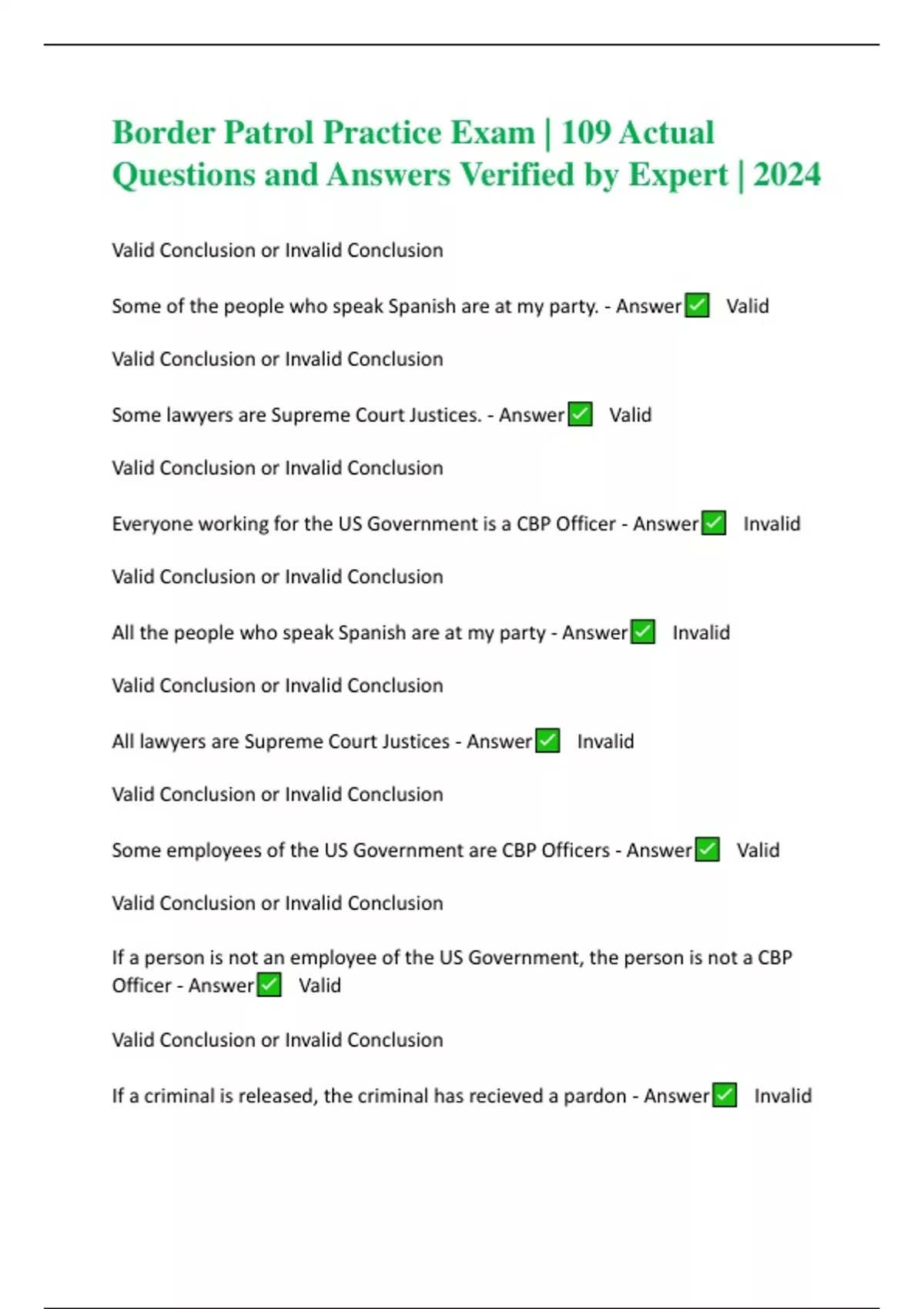 Border Patrol Exam BUNDLED Questions and Answers 100 Correct {WELL