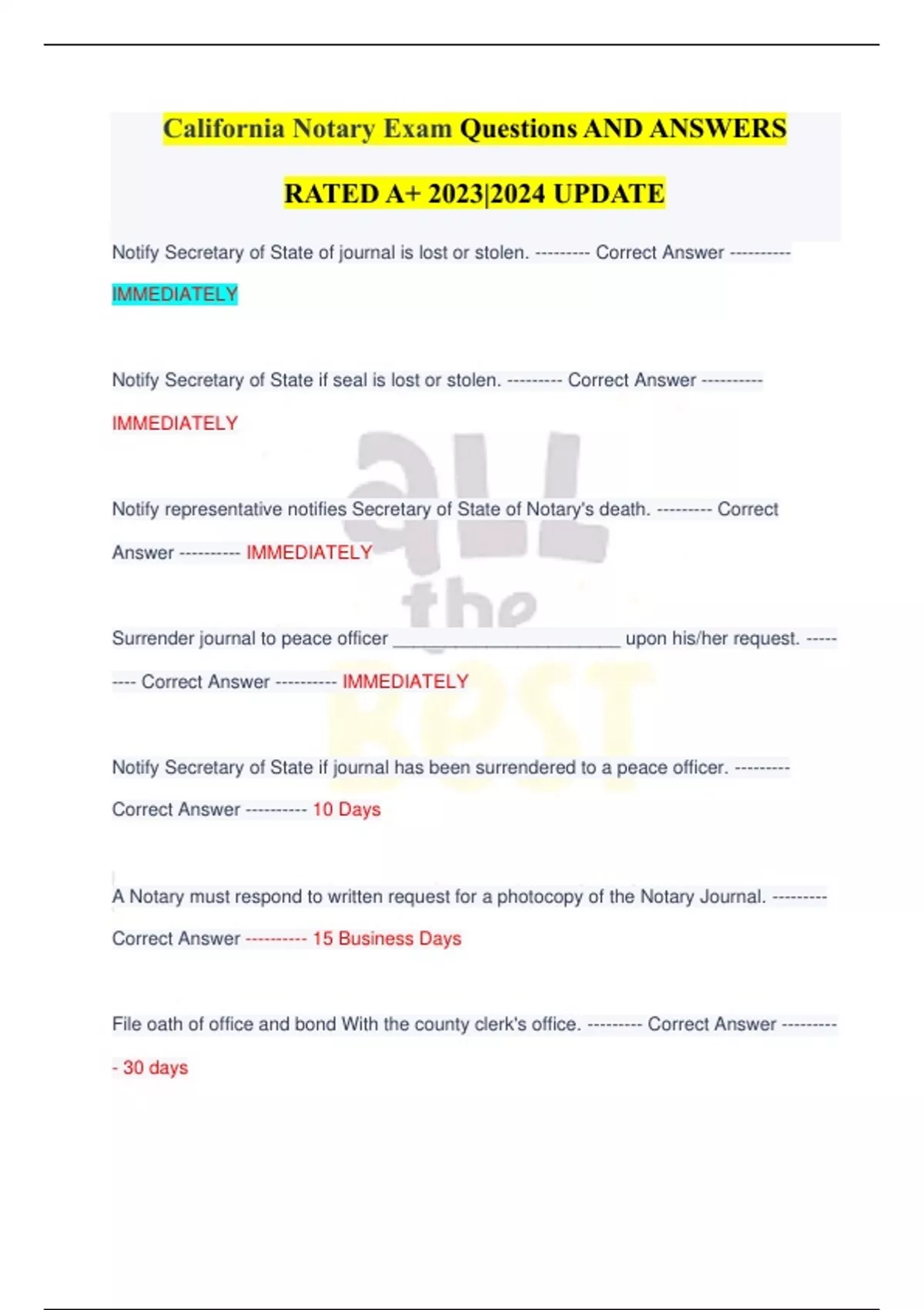 California Notary Exam Questions AND ANSWERS RATED A+ 20232024 UPDATE