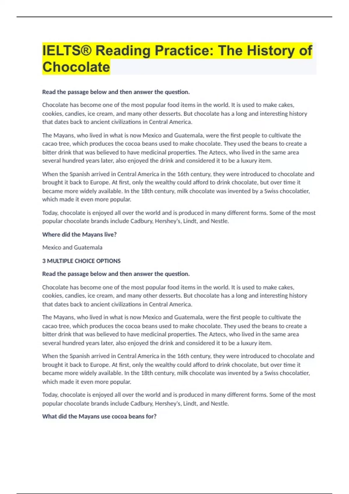IELTS® Reading Practice The History of Chocolate IELTS Stuvia US