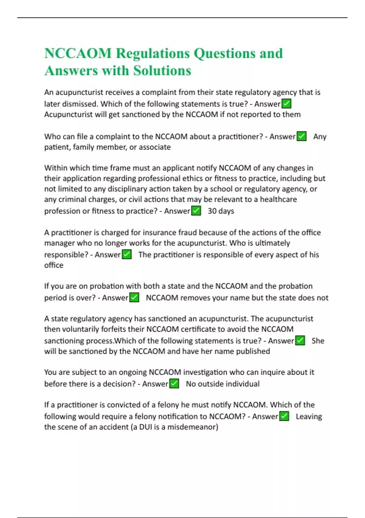 NCCAOM Regulations Questions and Answers with Solutions - NCCAOM ...