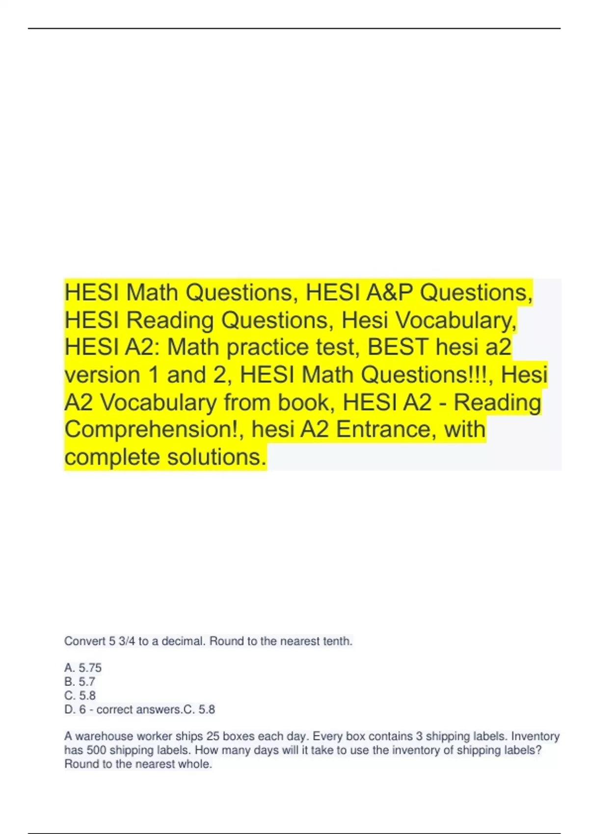 HESI Math Questions, HESI A&P Questions, HESI Reading Questions, Hesi Vocabulary, HESI A2 Math