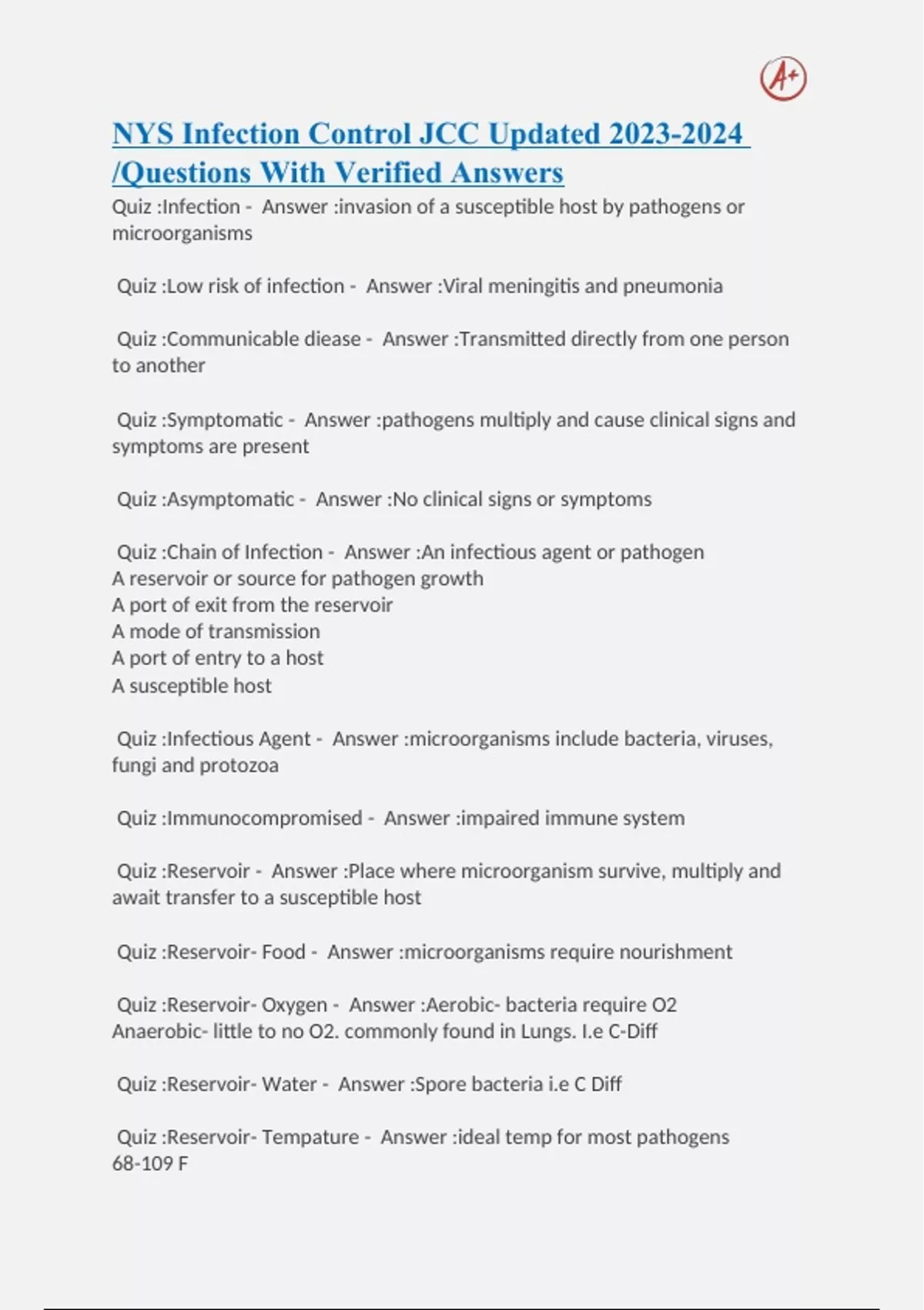 NYS Infection Control JCC Updated /Questions With Verified Answers NYS Infection Control JCC