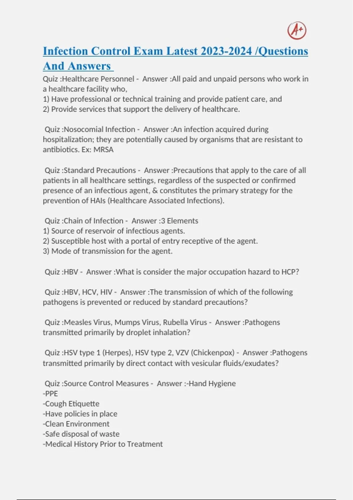 Infection Control Exam Latest /Questions And Answers Infection