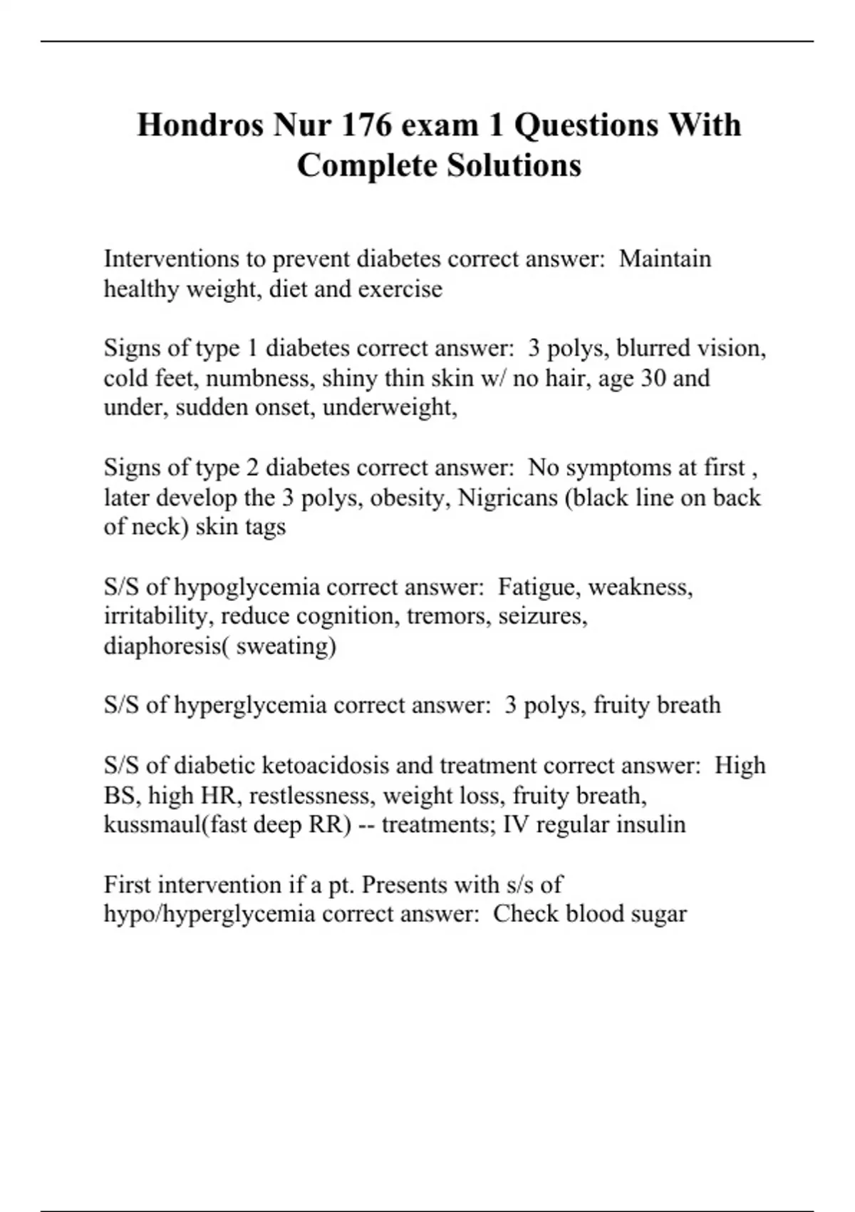 Hondros Nur 176 exam 1 Questions With Complete Solutions - Hondros Nur ...