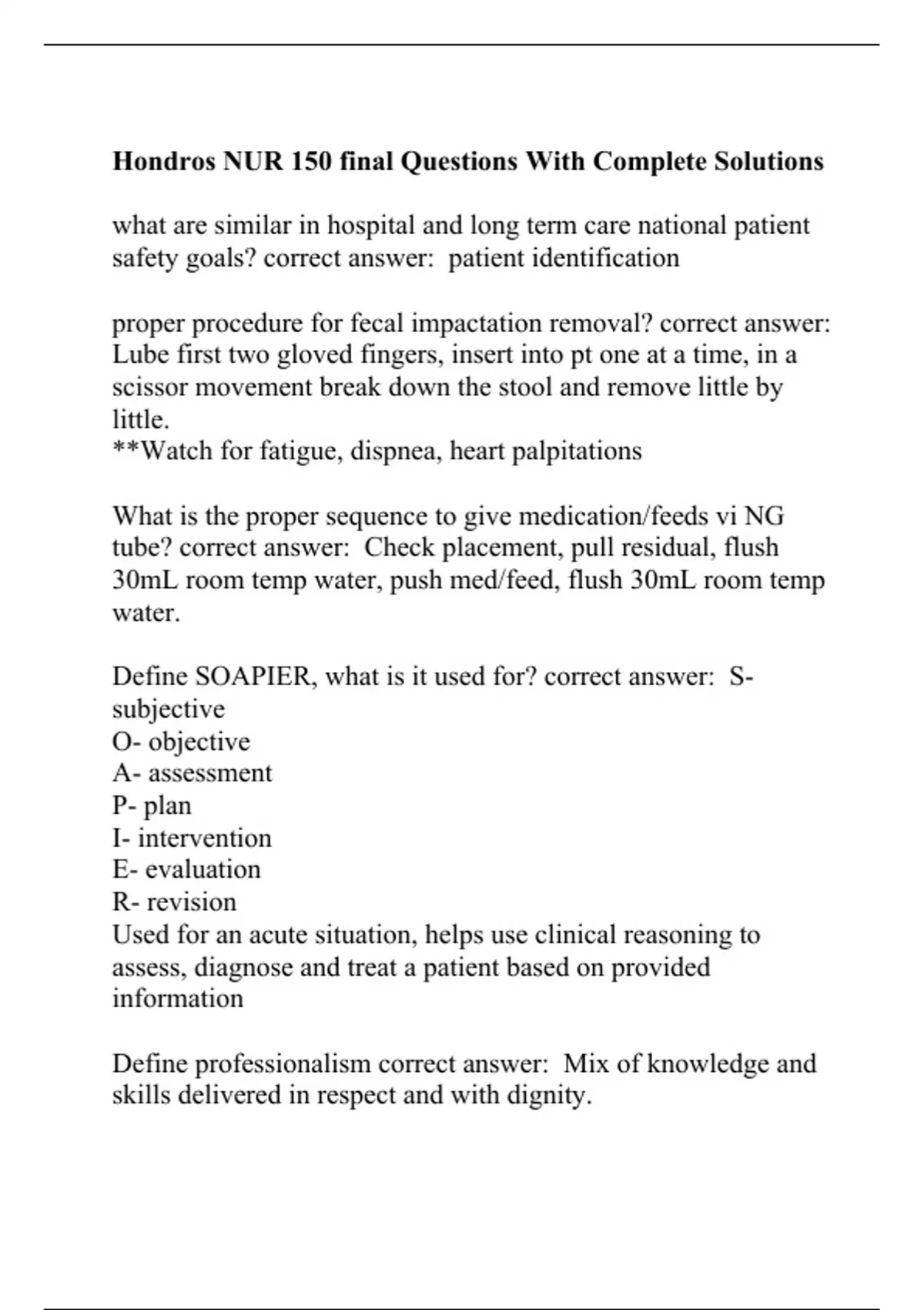 Hondros NUR 150 final Questions With Complete Solutions - NUR150/ NUR ...