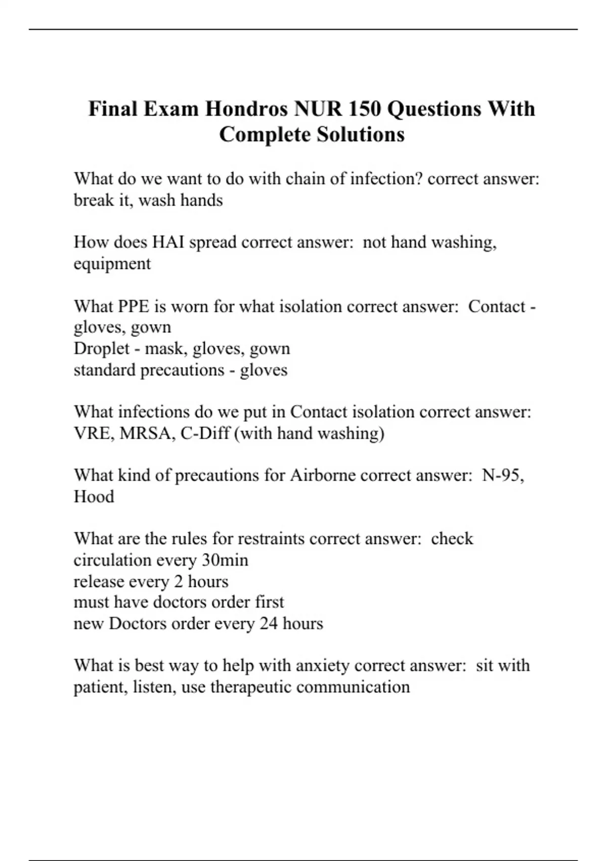 Final Exam Hondros NUR 150 Questions With Complete Solutions - NUR 150 ...