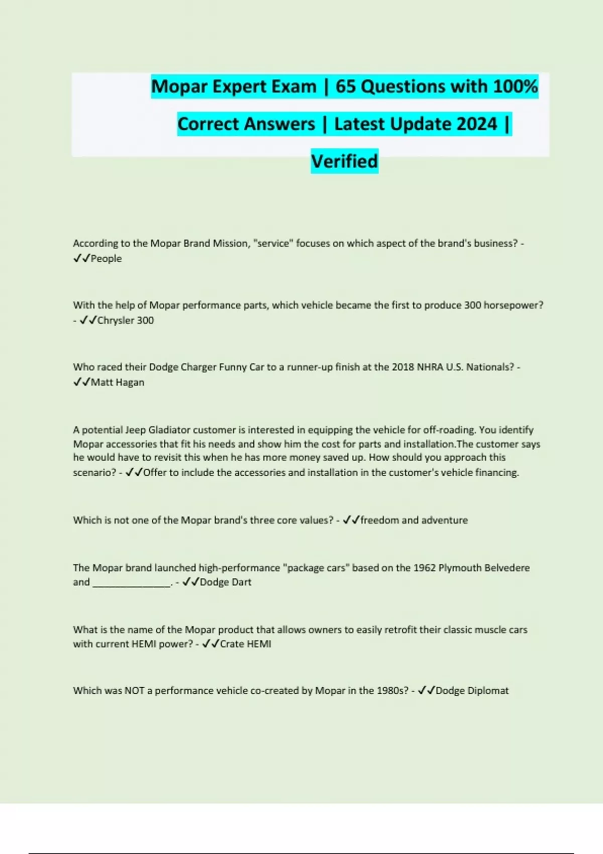 Mopar Expert Exam 65 Questions with 100 Correct Answers Latest