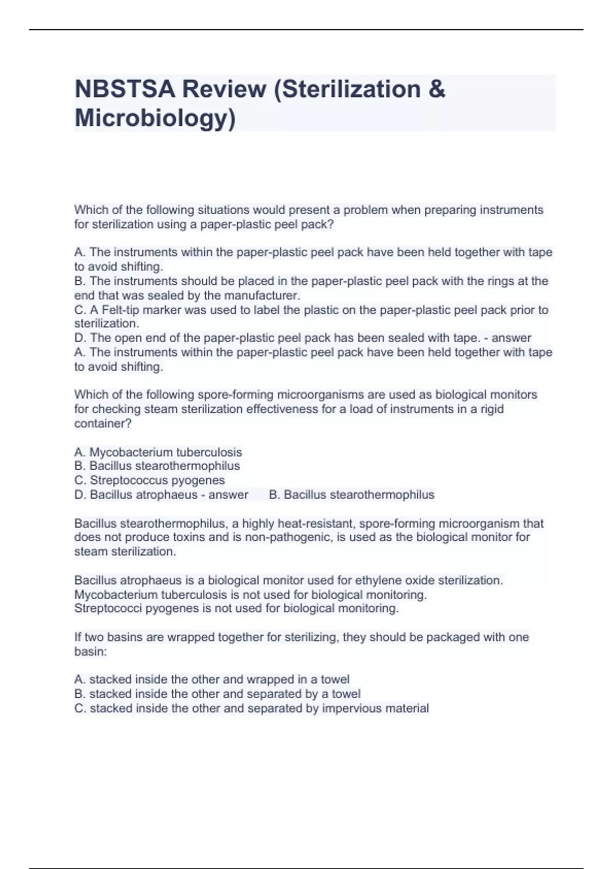 NBSTSA Review (Sterilization & Microbiology) Question's and Answers