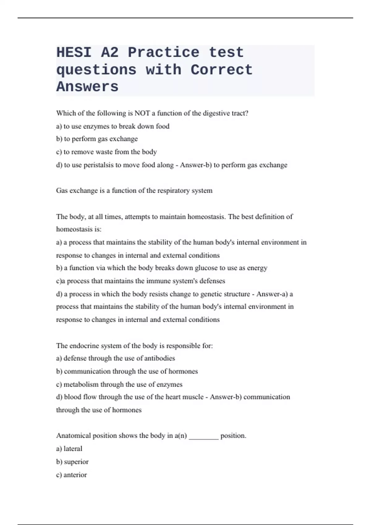 HESI A2 Practice test questions with Correct Answers - Hesi A2 - Stuvia US