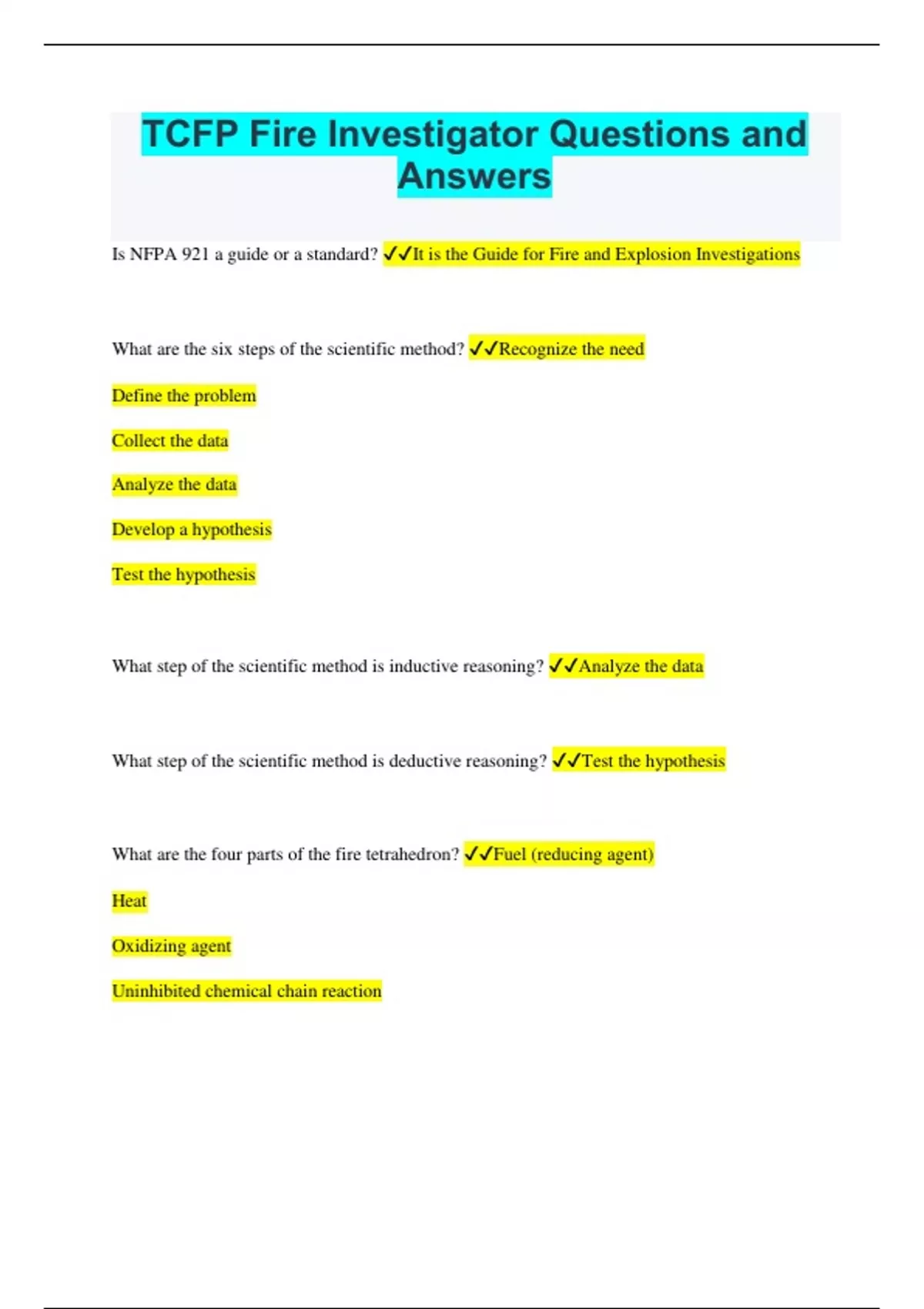 TCFP Fire Investigator Questions and Answers TCFP & GFD HAZMAT