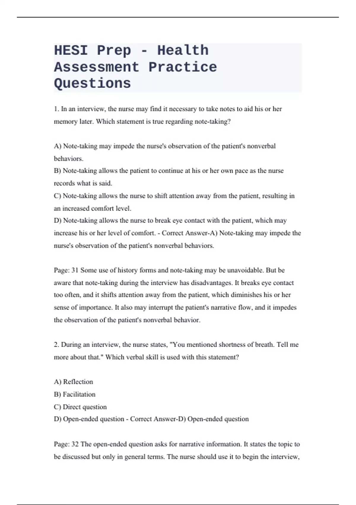 HESI Prep Health Assessment Practice Questions with Correct Answers