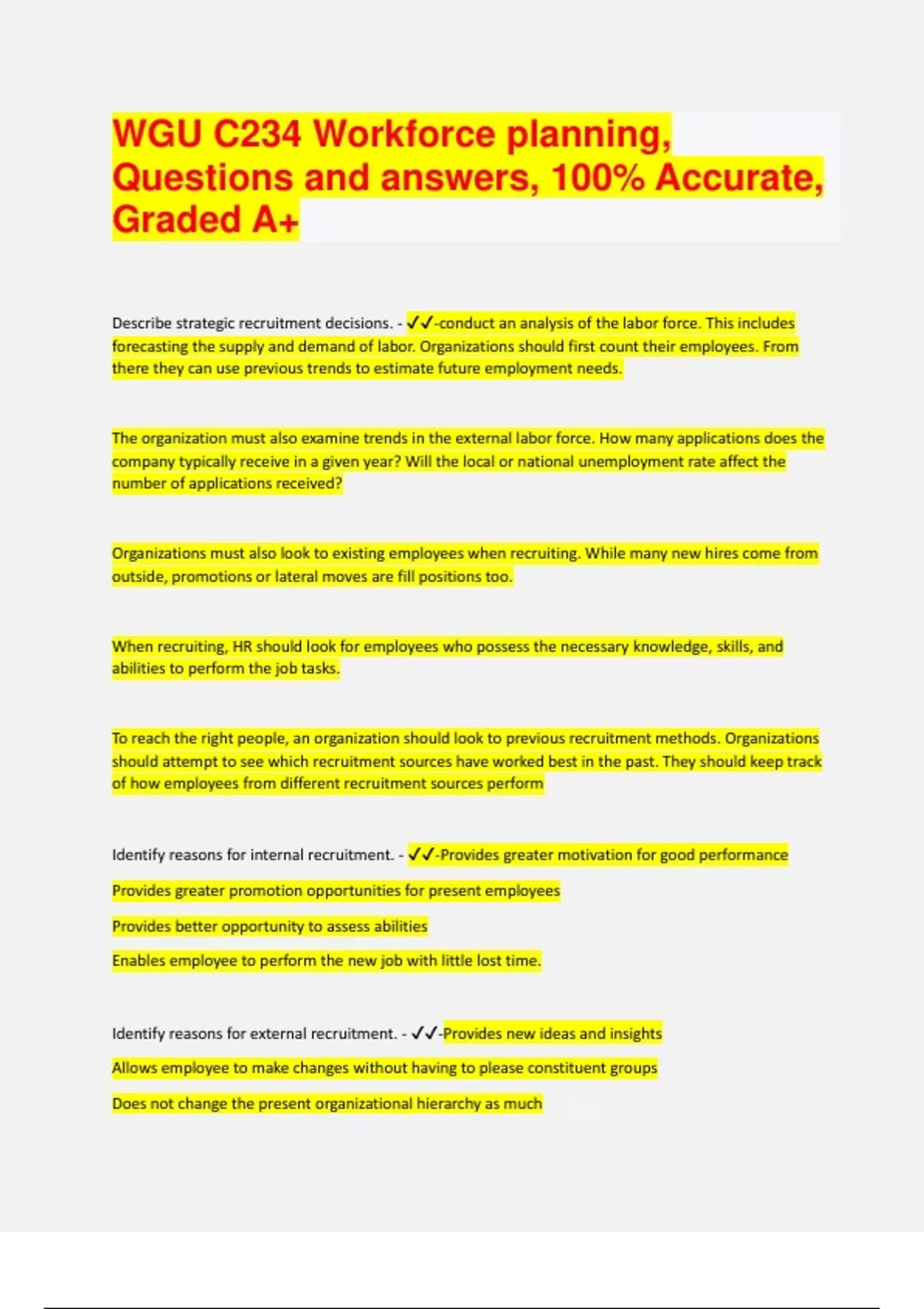 WGU C234 Workforce planning, Questions and answers, 100 Accurate
