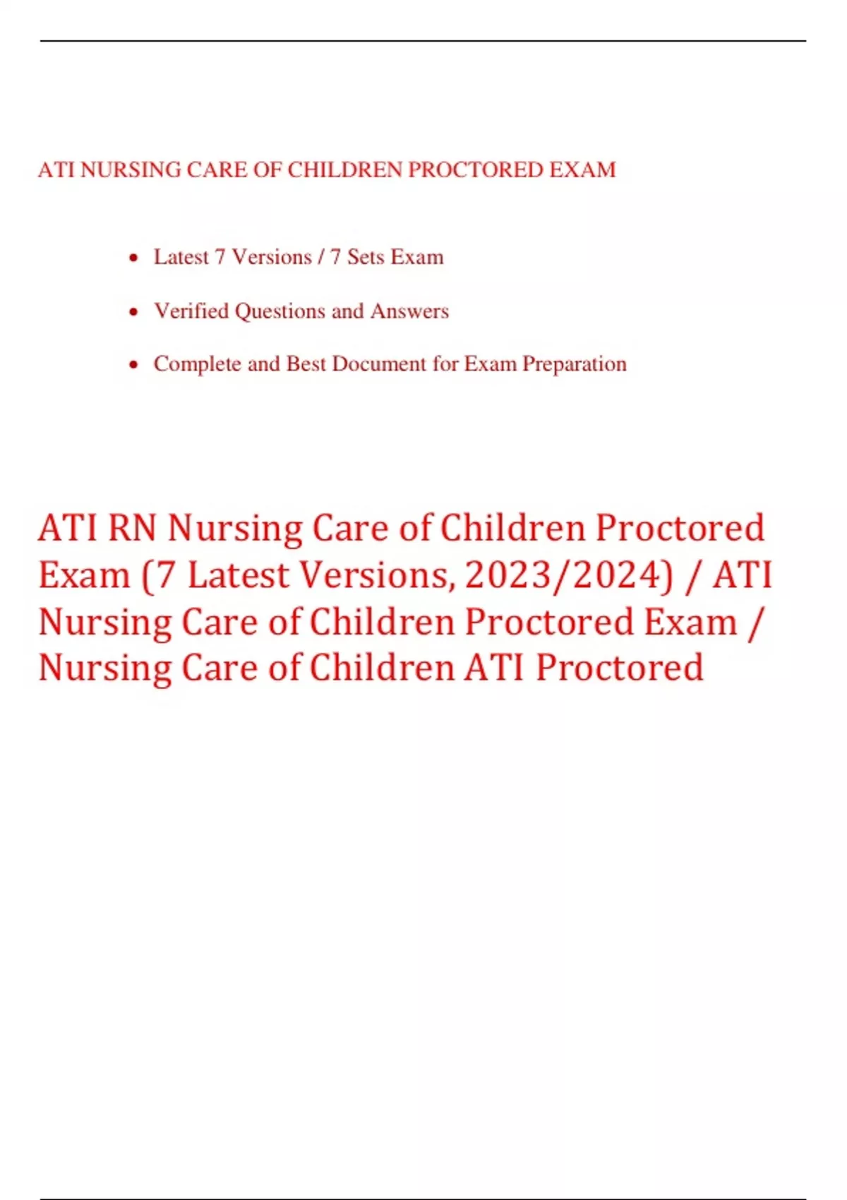 ATI RN Nursing Care of Children Proctored Exam (7 Latest Versions, 2023 ...