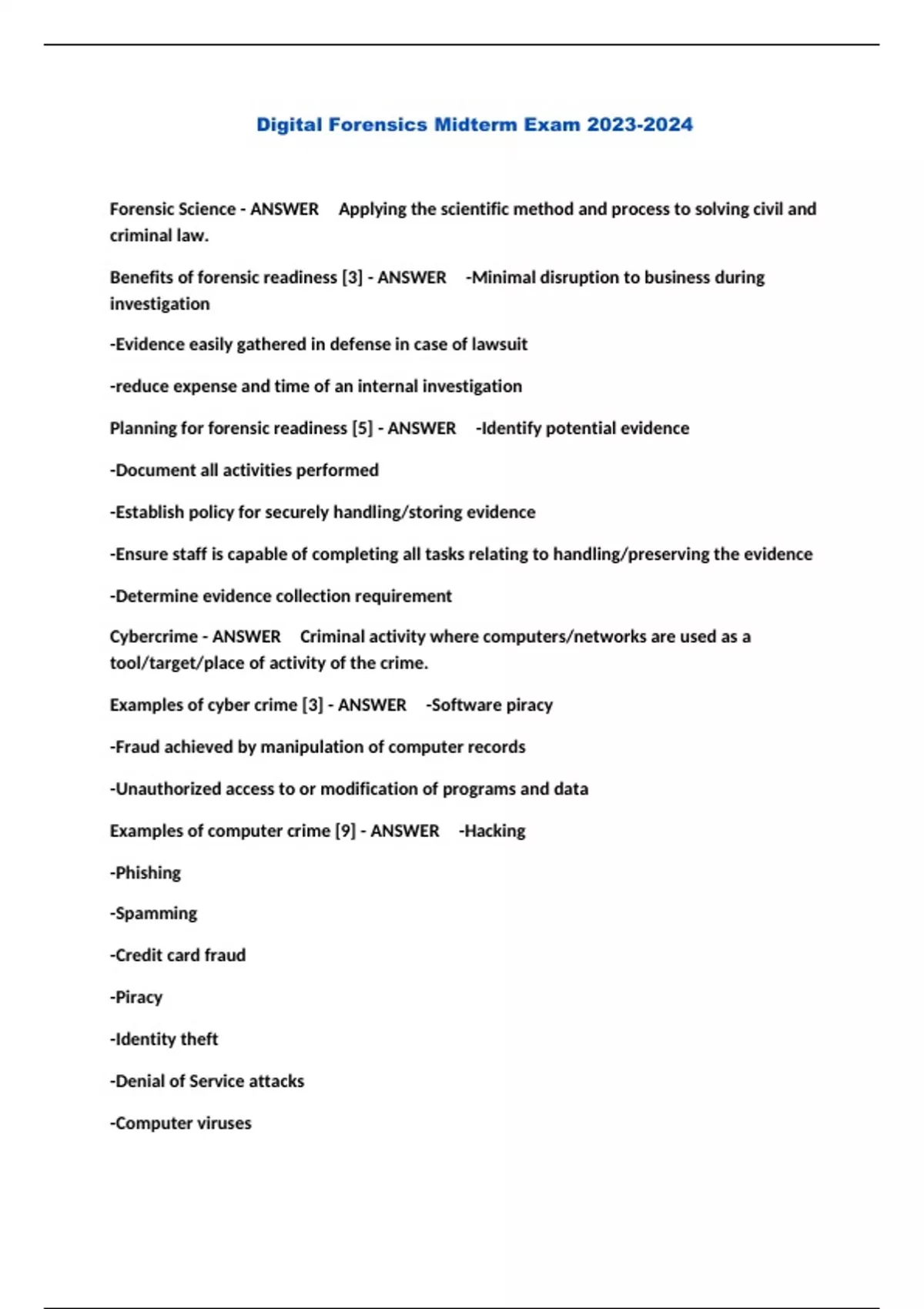 Digital Forensics Midterm Exam Digital Forensics Stuvia US