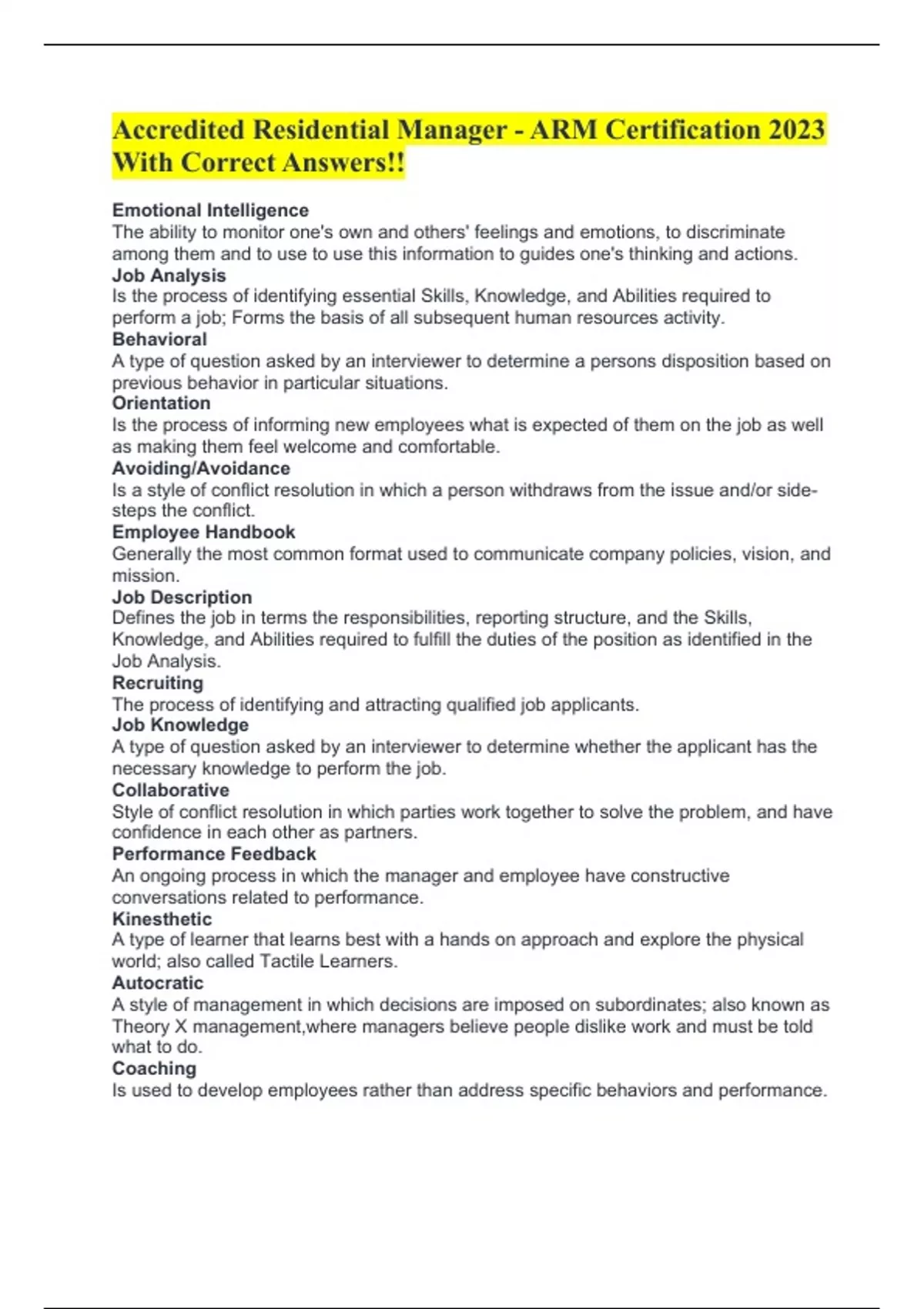 Accredited Residential Manager ARM Certification 2023 With Correct Answers!! ARM Stuvia US