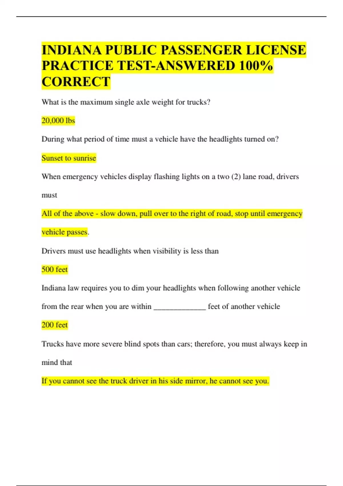 INDIANA PUBLIC PASSENGER LICENSE PRACTICE TESTANSWERED 100 CORRECT