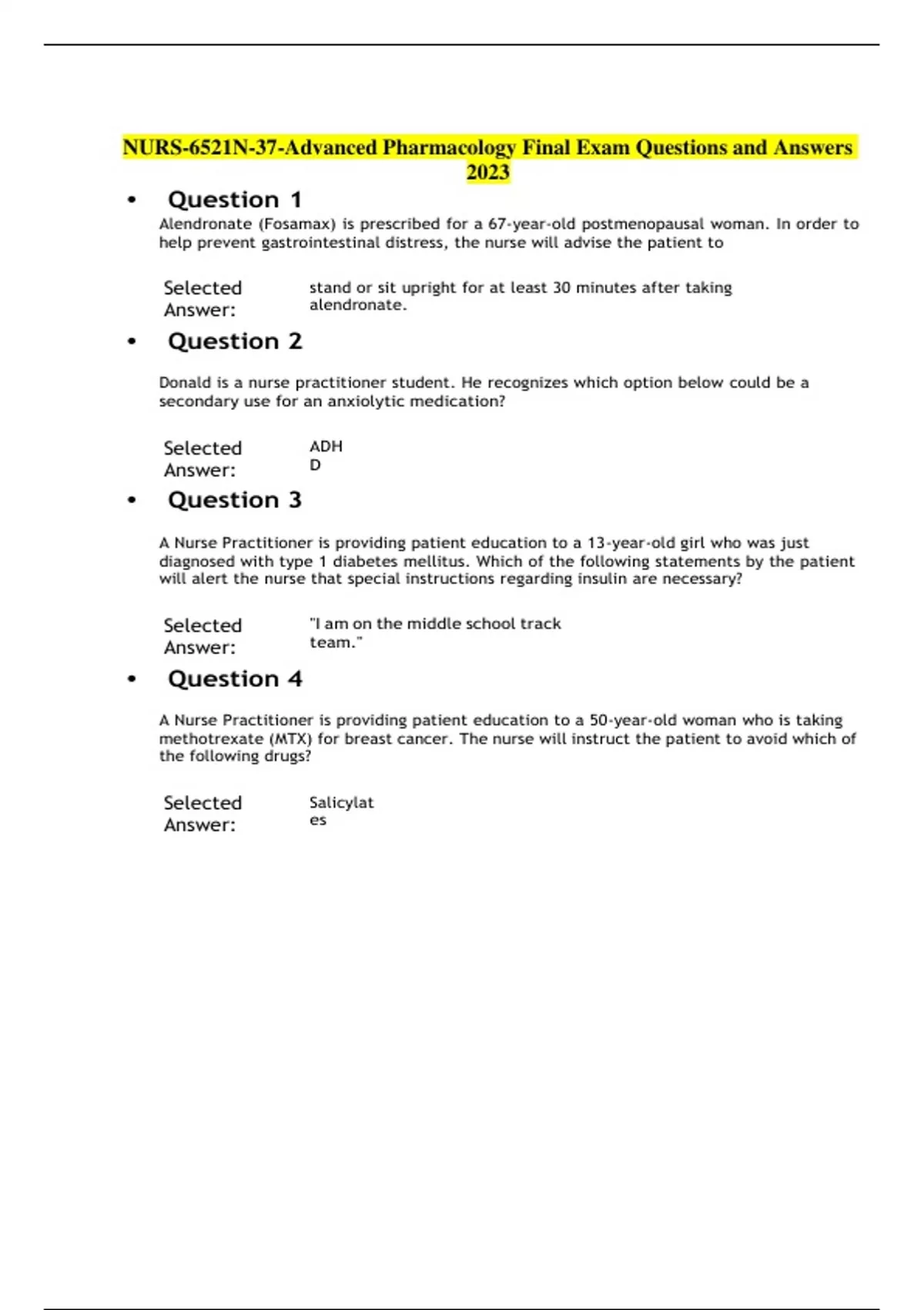 NURS-6521 Advanced Pharmacology Final Exam Questions and Answers 2023 ...