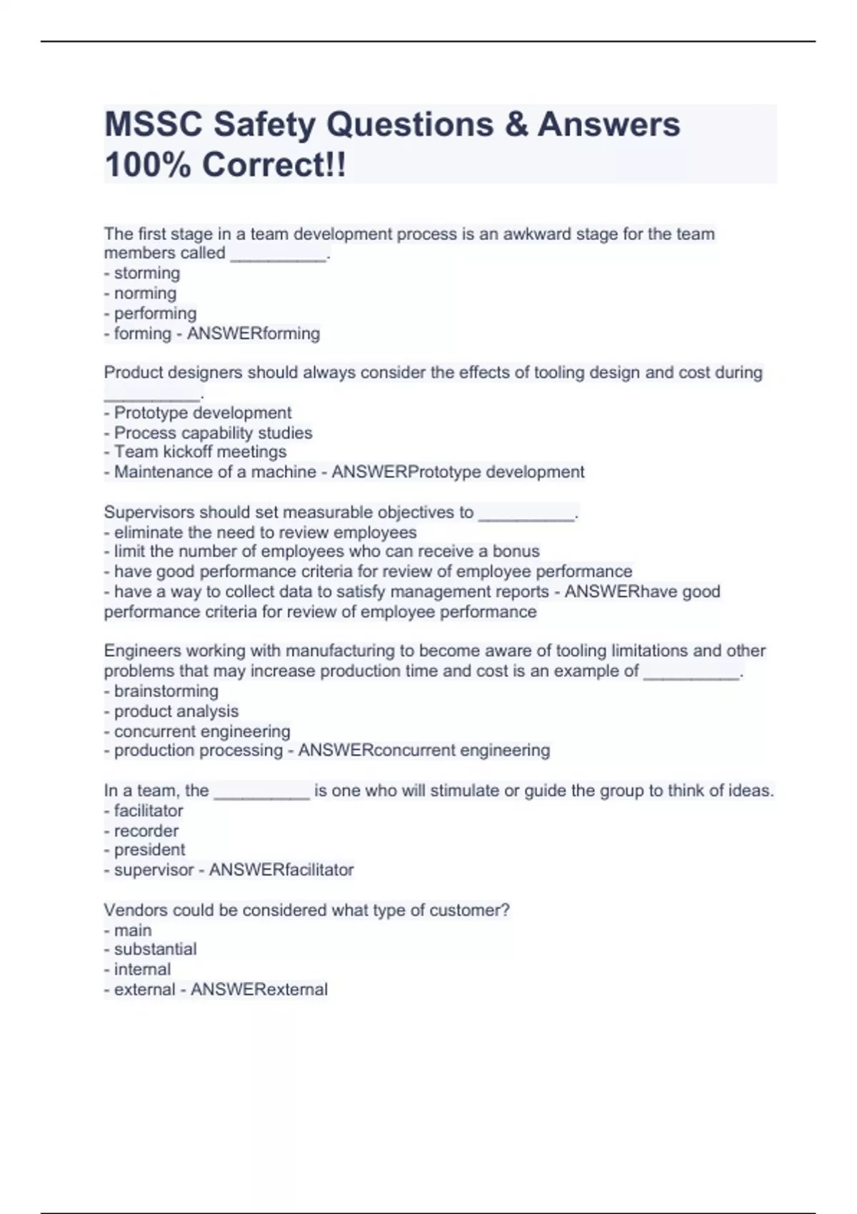 MSSC Safety Questions & Answers 100 Correct!! MSSC Safety Stuvia US