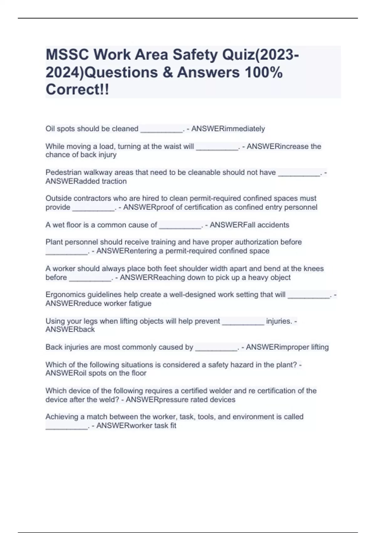 MSSC Work Area Safety Quiz()Questions & Answers 100 Correct!! MSSC