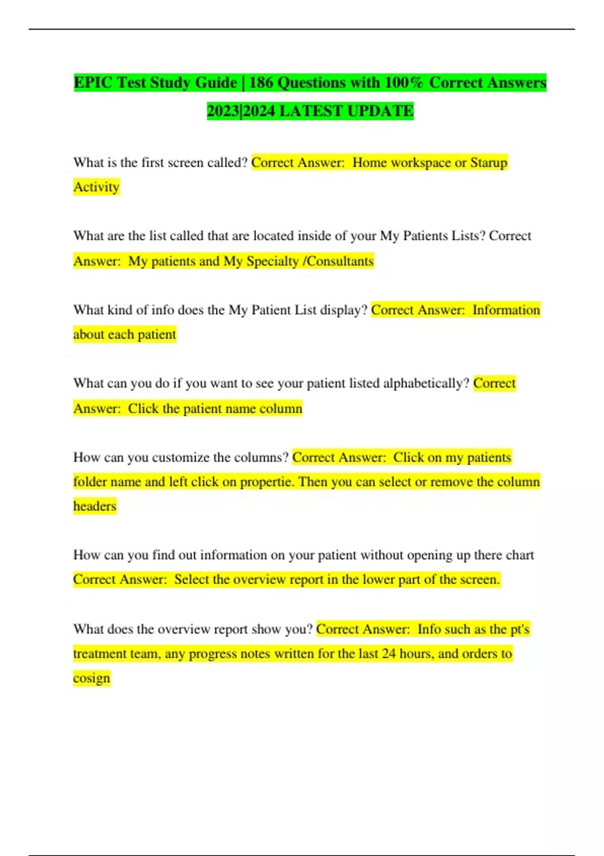 EPIC Test Study Guide 186 Questions with 100 Correct Answers 2023