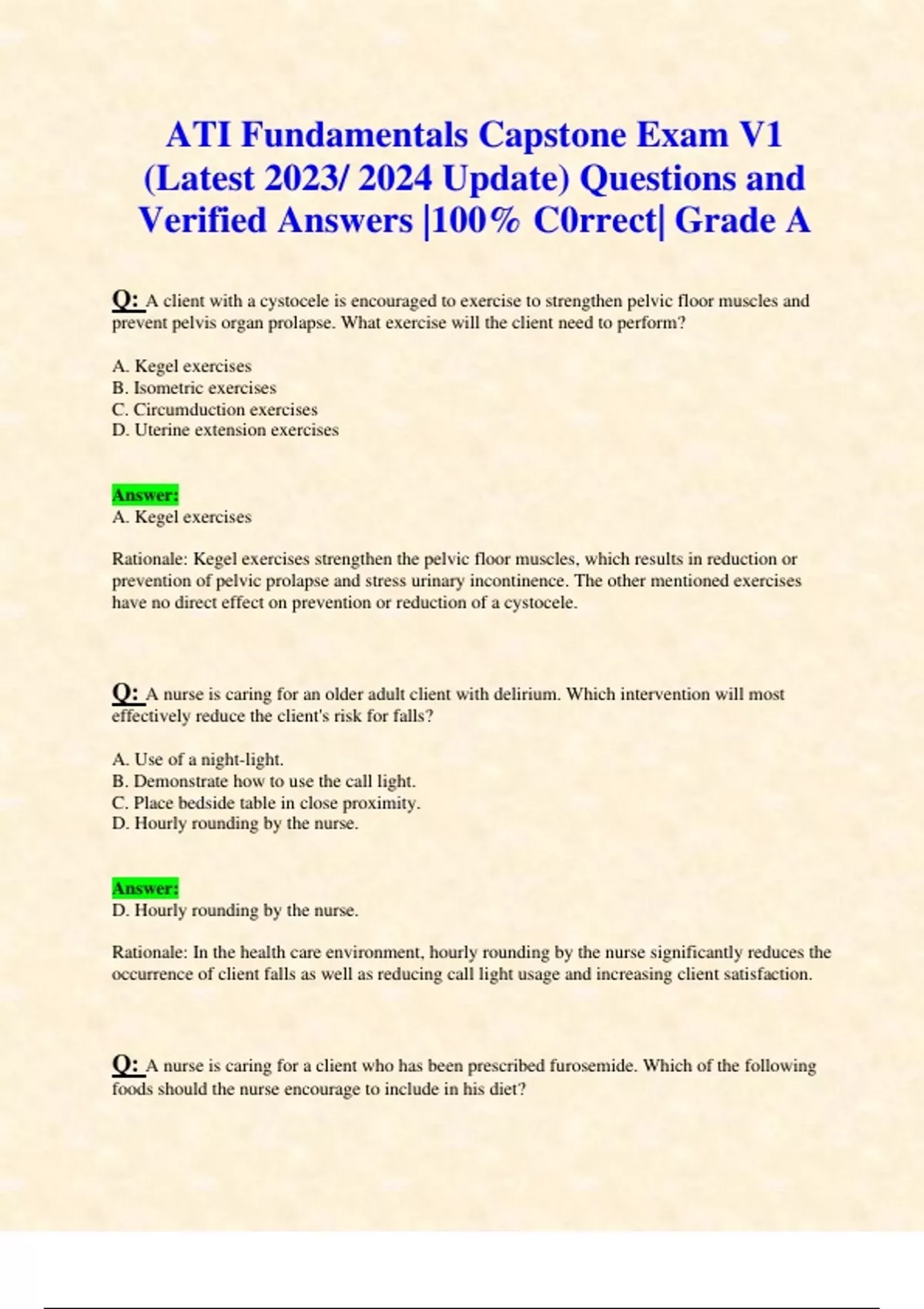 ATI Fundamentals Capstone Exam V1 (Latest 2023/ 2024 Update) Questions ...