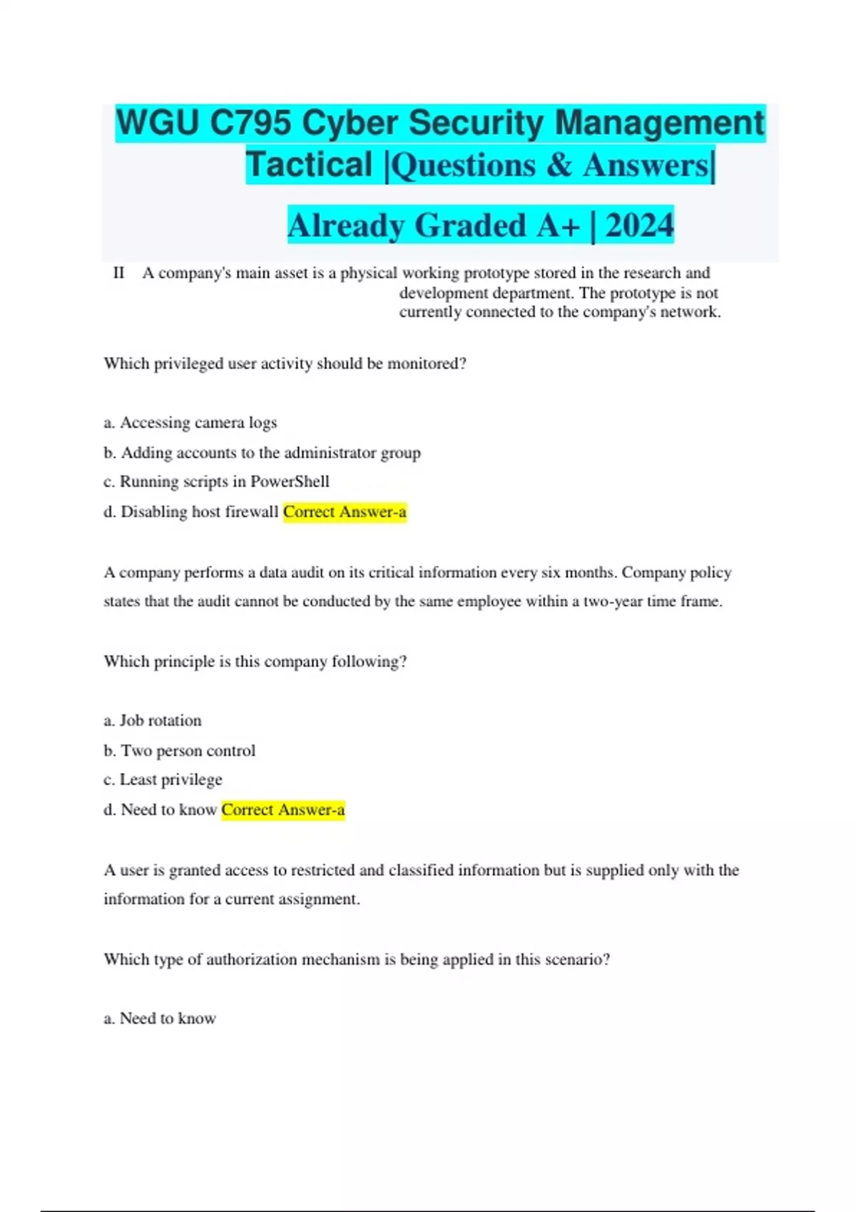 WGU C795 Cyber Security Management Tactical |Questions & Answers ...