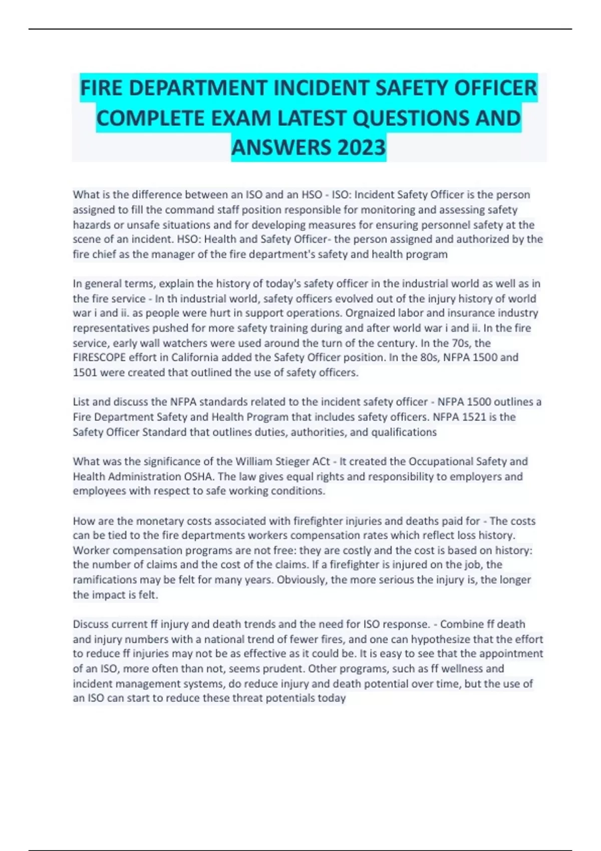 FIRE DEPARTMENT INCIDENT SAFETY OFFICER COMPLETE EXAM LATEST QUESTIONS