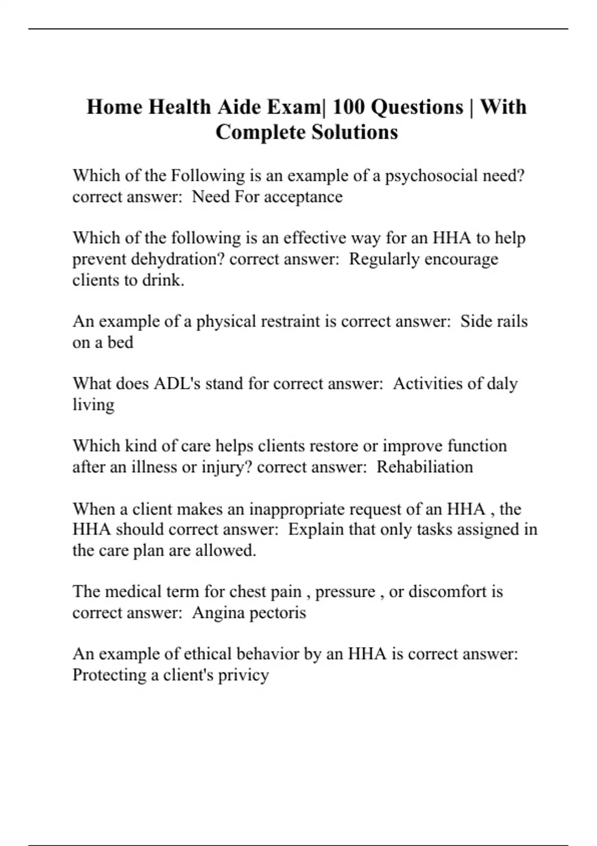 Home Health Aide Exam 100 Questions With Complete Solutions Home