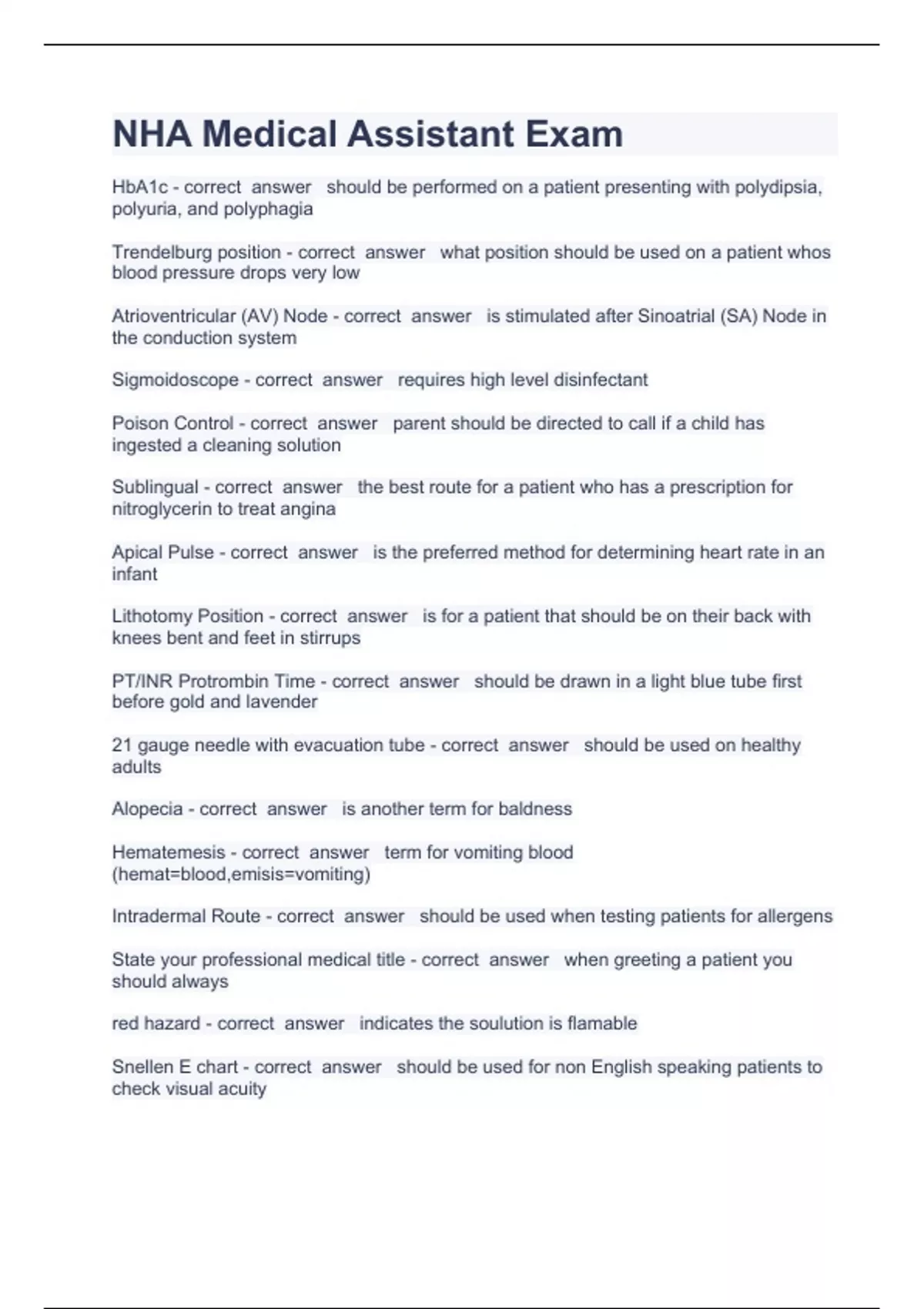NHA Medical Assistant Exam Question and answers correctly solved 2023 NHA Stuvia US