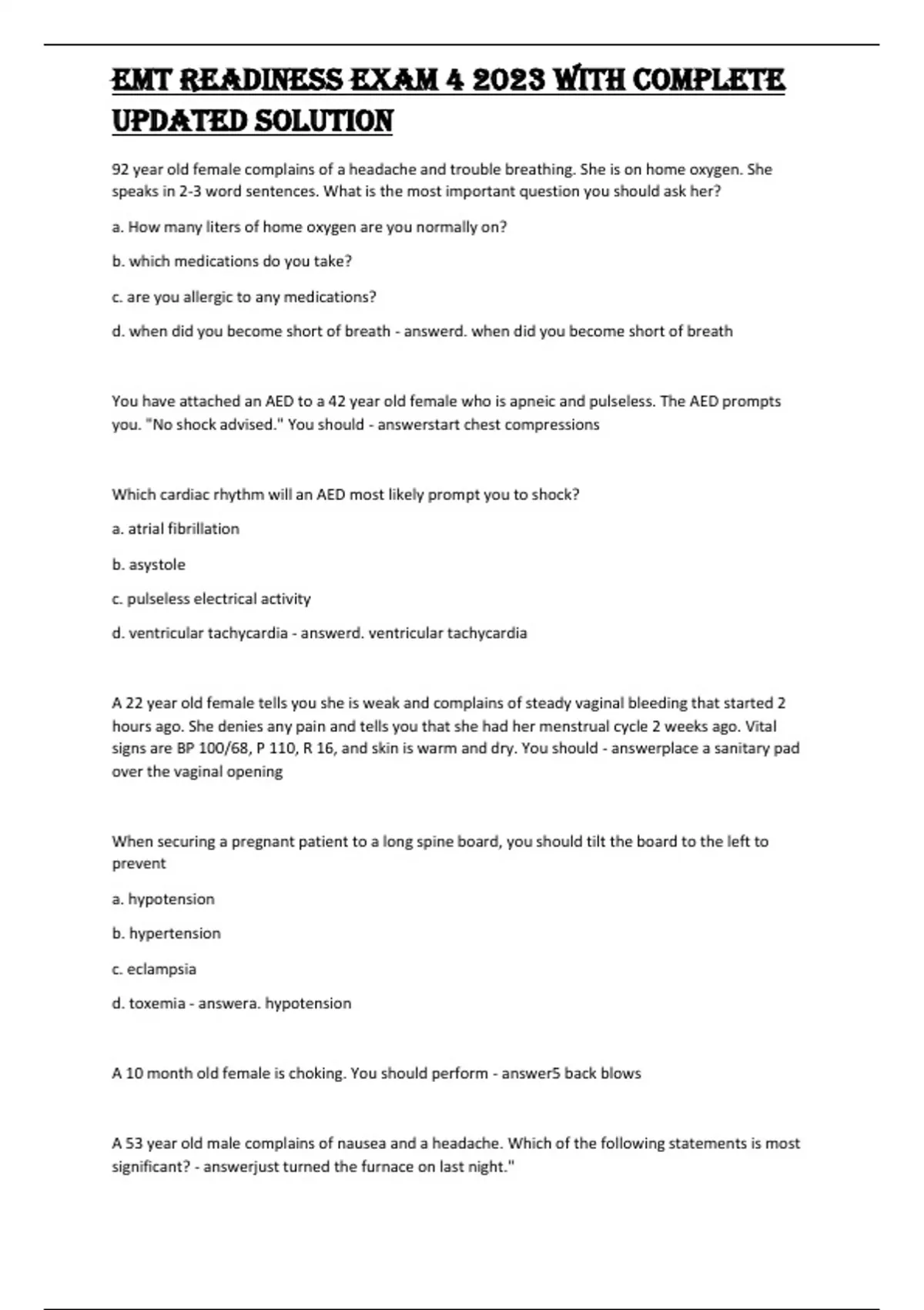 EMT Readiness Exam 4 2023 with complete updated solution - EMT Readiness - Stuvia US