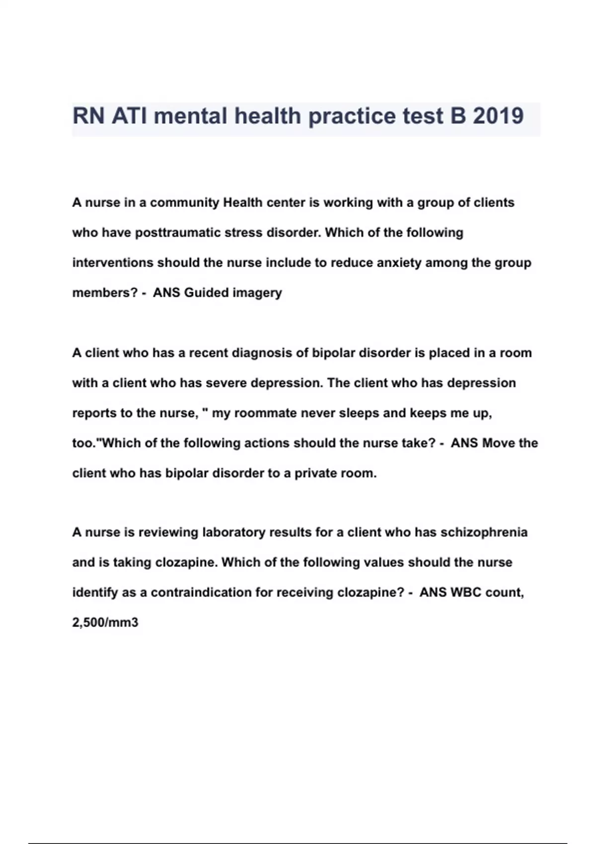 RN ATI mental health practice test Questions & Answers 2023 ( A+ GRADED