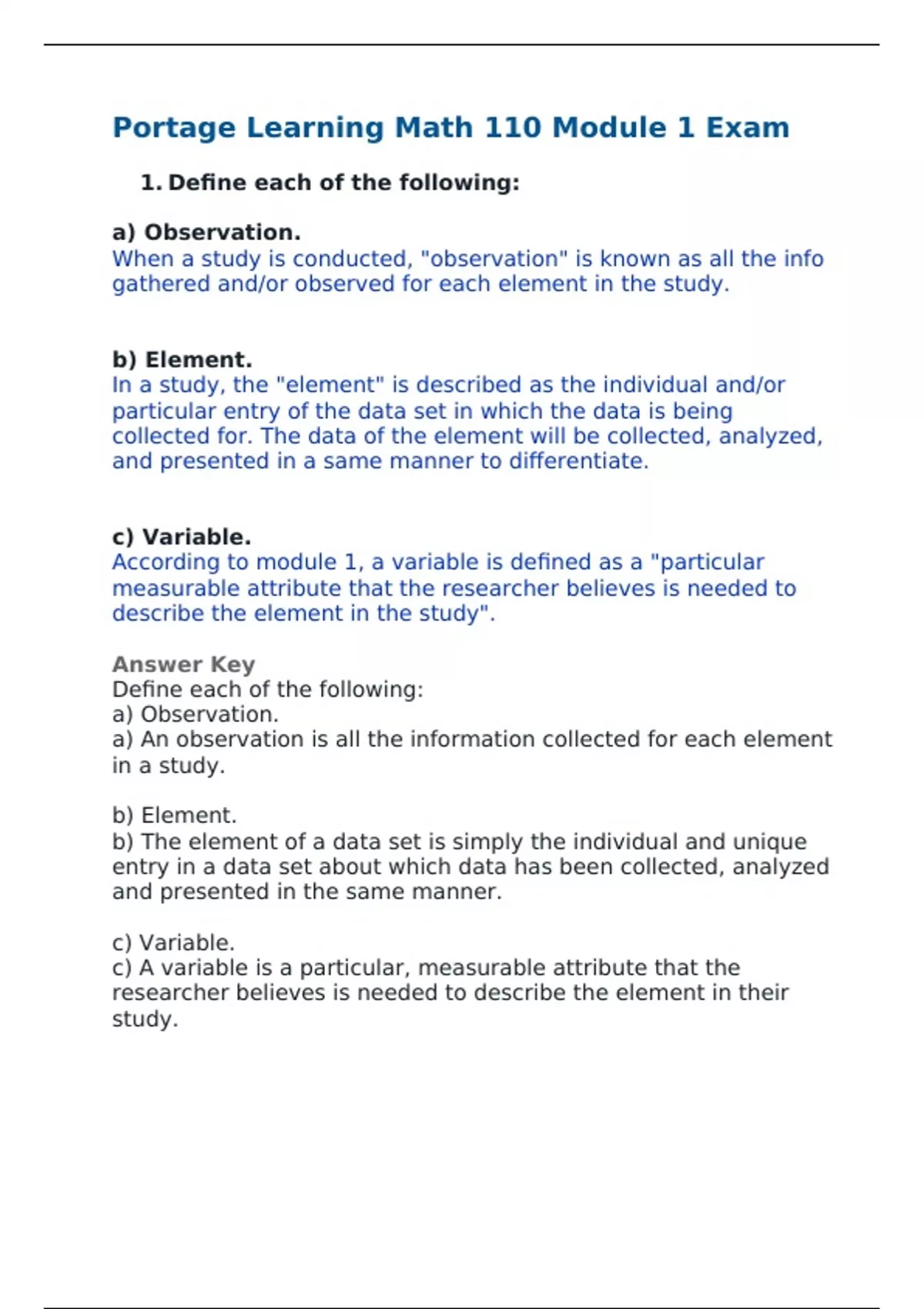 Portage Learning Math 110 Module 1 Exam Latest Update Correctly ...