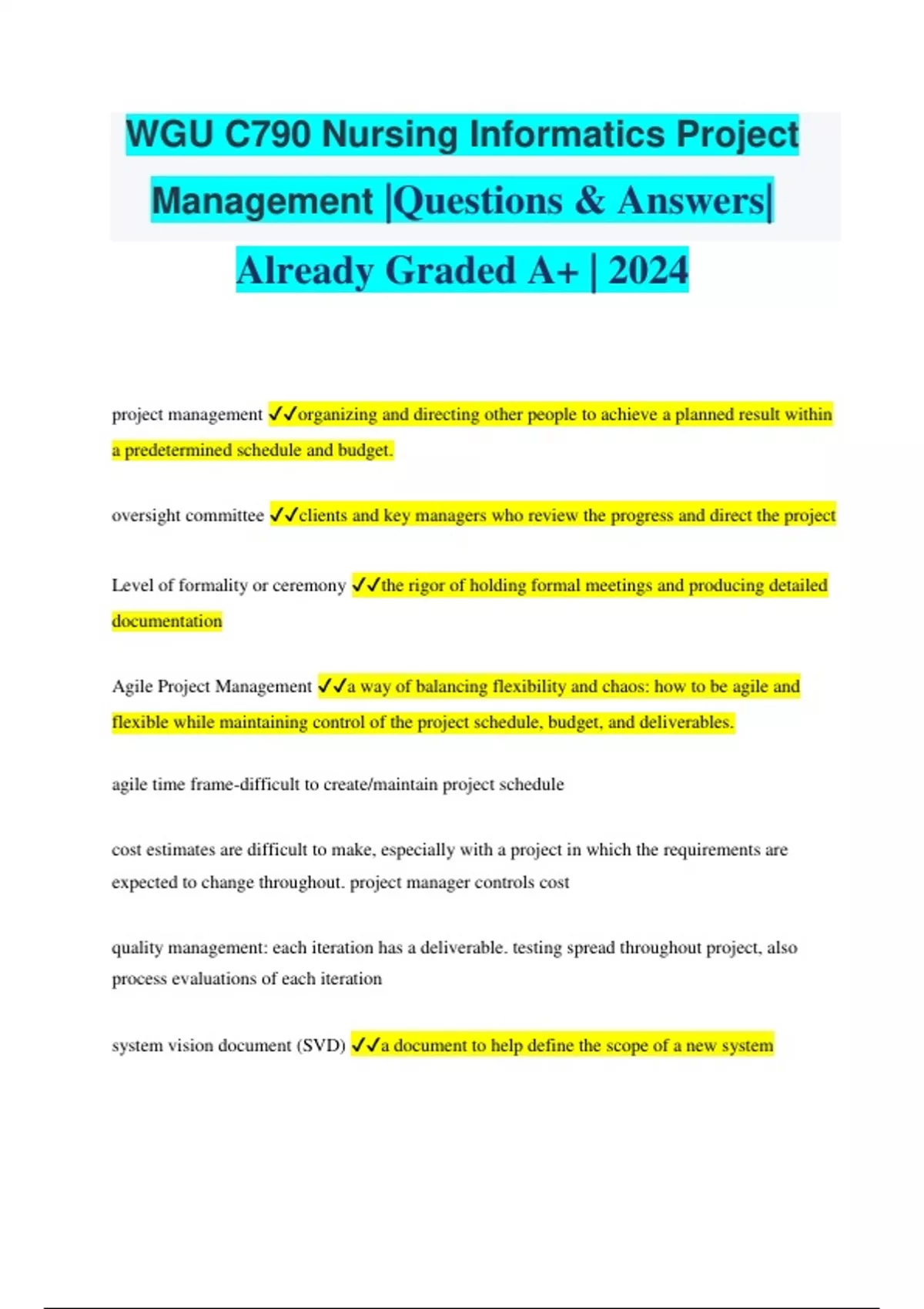 WGU C790 Nursing Informatics Project Management |Questions & Answers