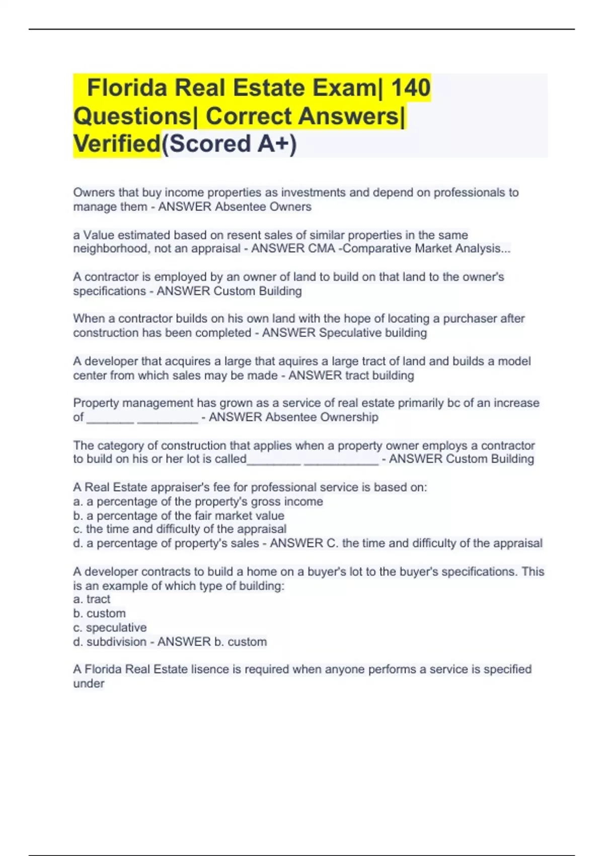 Florida Real Estate STATE Exam Bundle Stuvia US