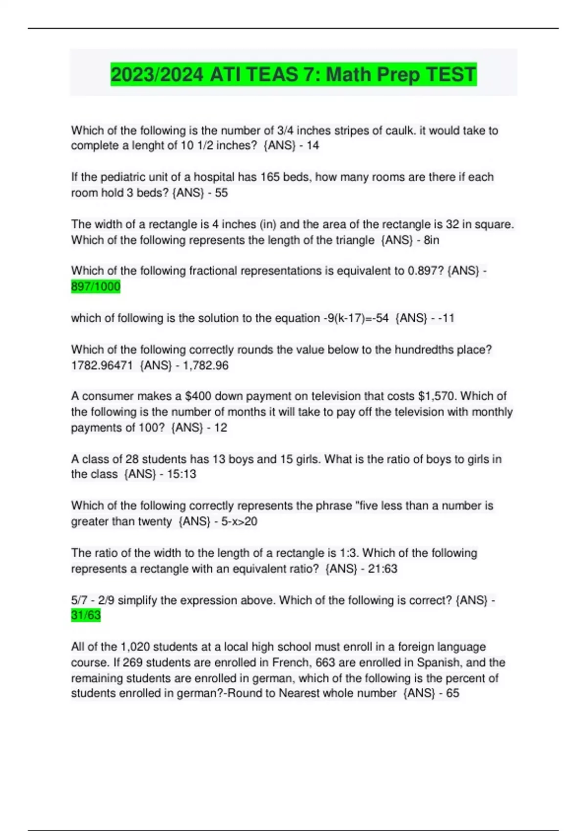 2023/2024 ATI TEAS 7: Math Prep TEST - ATI TEAS 7 - Stuvia US