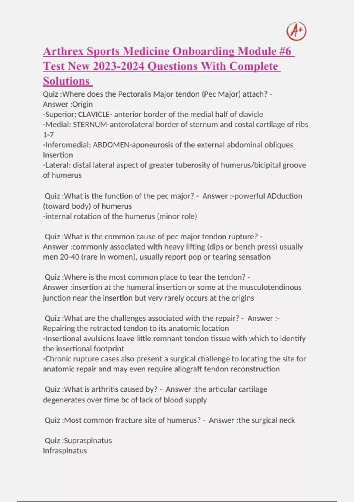 Arthrex Sports Medicine Onboarding Module 6 Test New Questions With