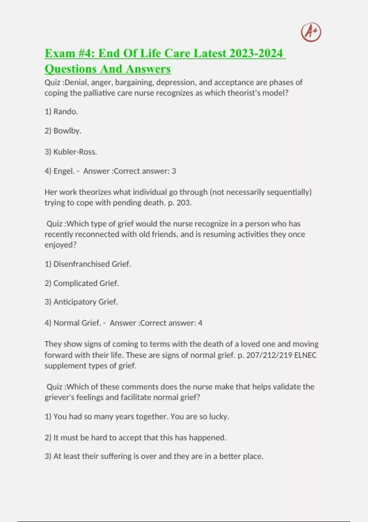 Exam #4: End Of Life Care Latest Questions And Answers - Exam #4: End ...